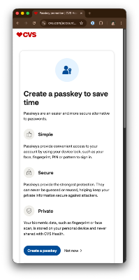 CVS's website asking me to "create a passkey to save time"