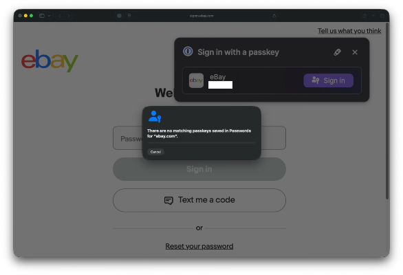 eBay's authentication page on Safari. In the foreground, Safari is telling me I don't have a passkey. In the background, 1Password is asking me if I want to use my passkey.
