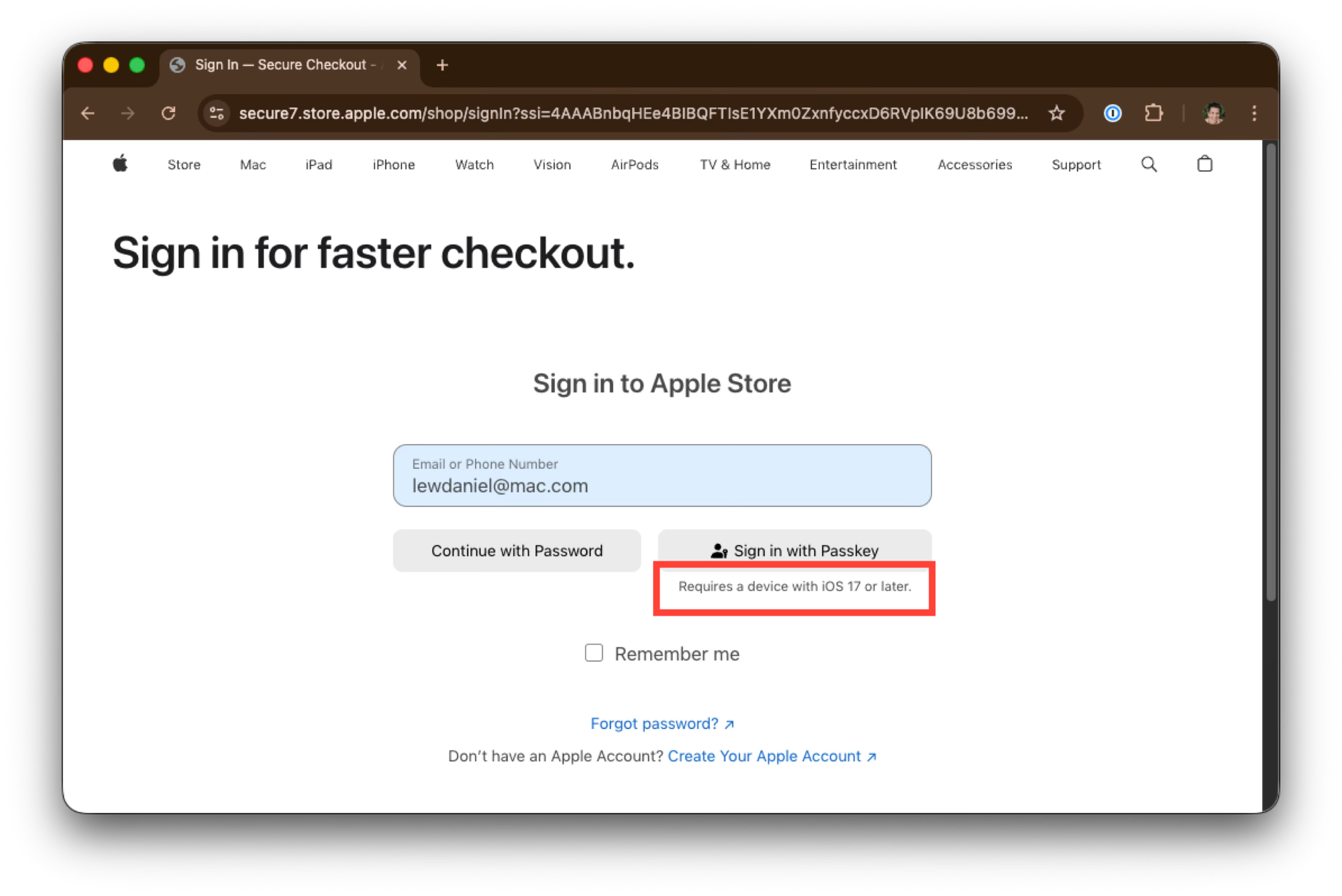 The Apple store; it's saying I could sign in using passkeys, but it "requires a device with iOS 17 or later"