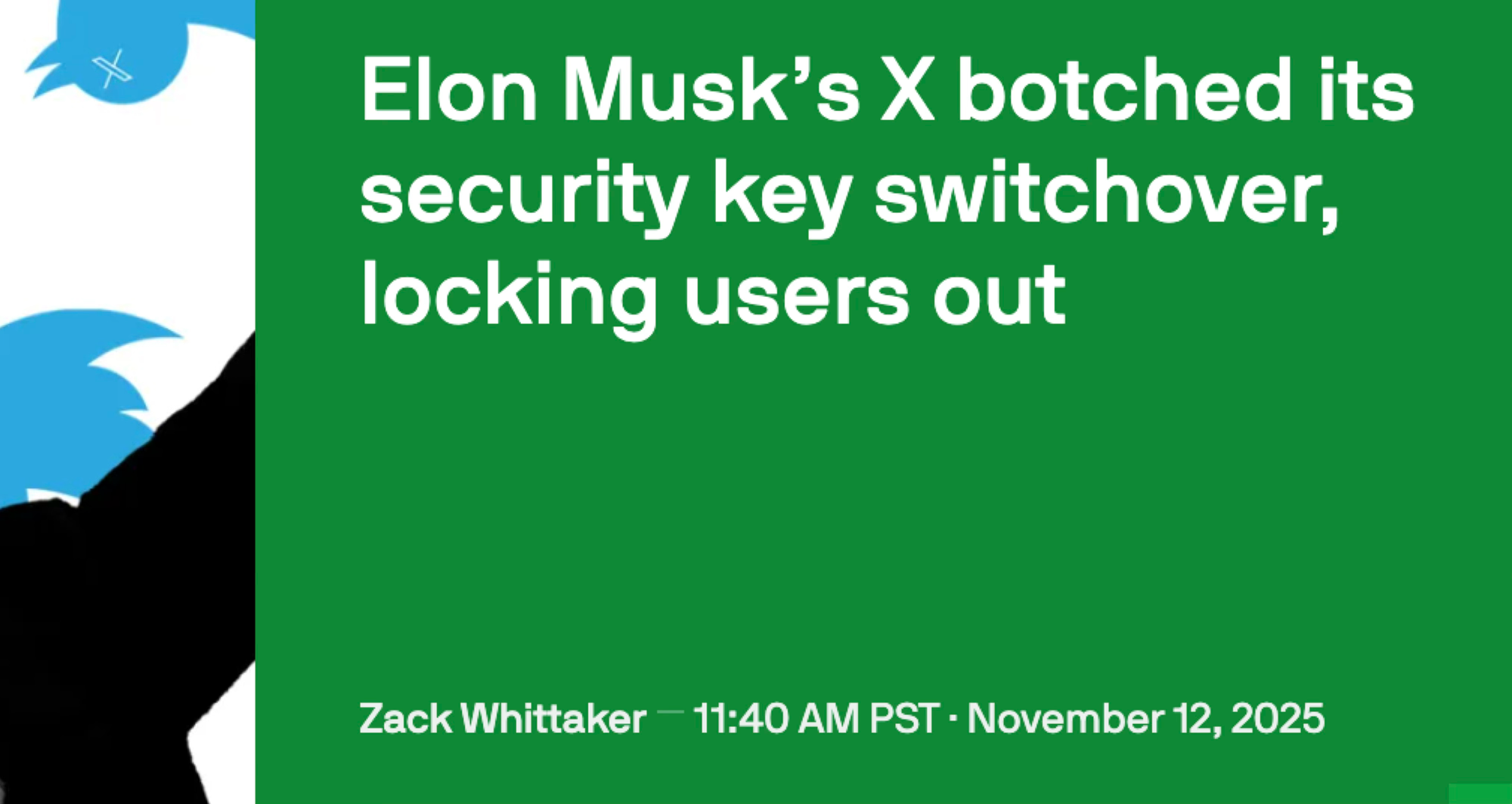 An article headline: "Elon Musk’s X botched its security key switchover, locking users out"
