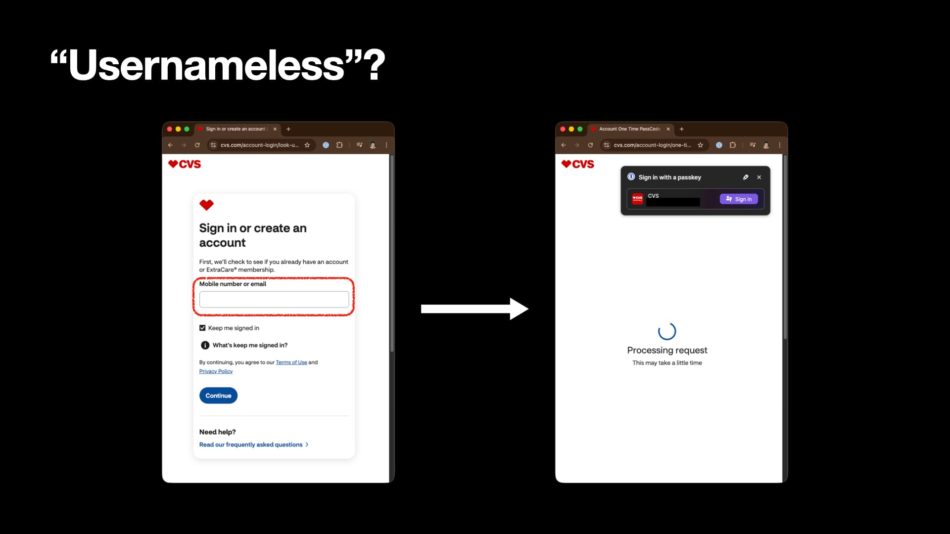 The CVS login page; it asks me for a username first before letting me use my passkey