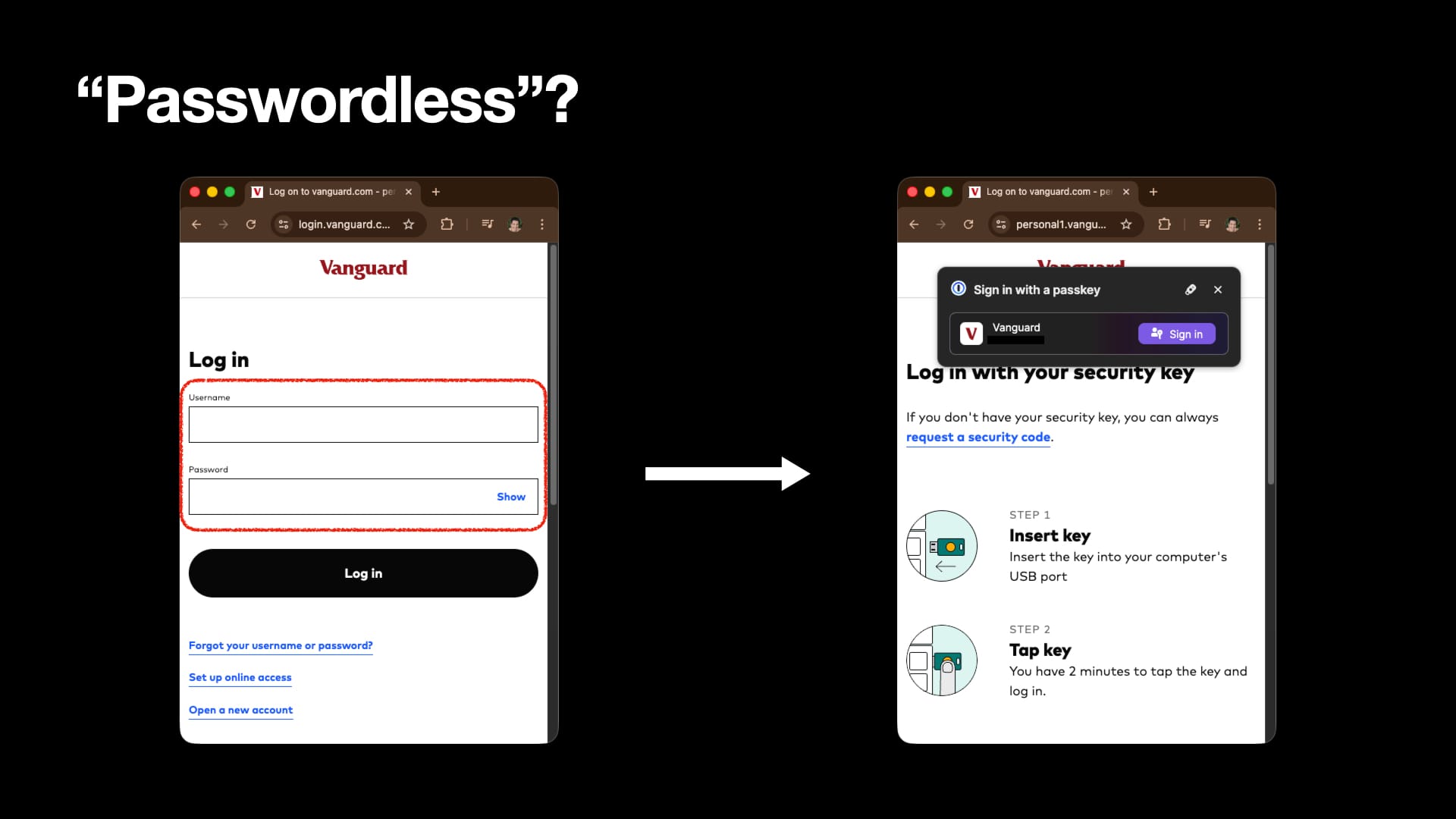 The Vanguard login page; it asks me for a username & password first before letting me use my passkey