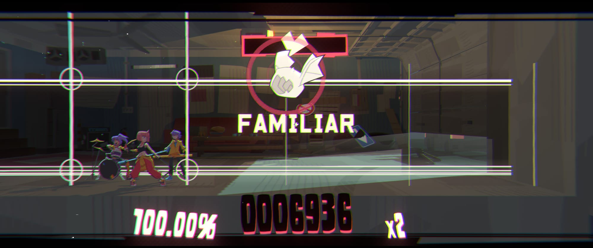 Screenshot of the gameplay of Unbeatable. It's got four lines heading towards you, and you notes can appear on any of those four lines.
