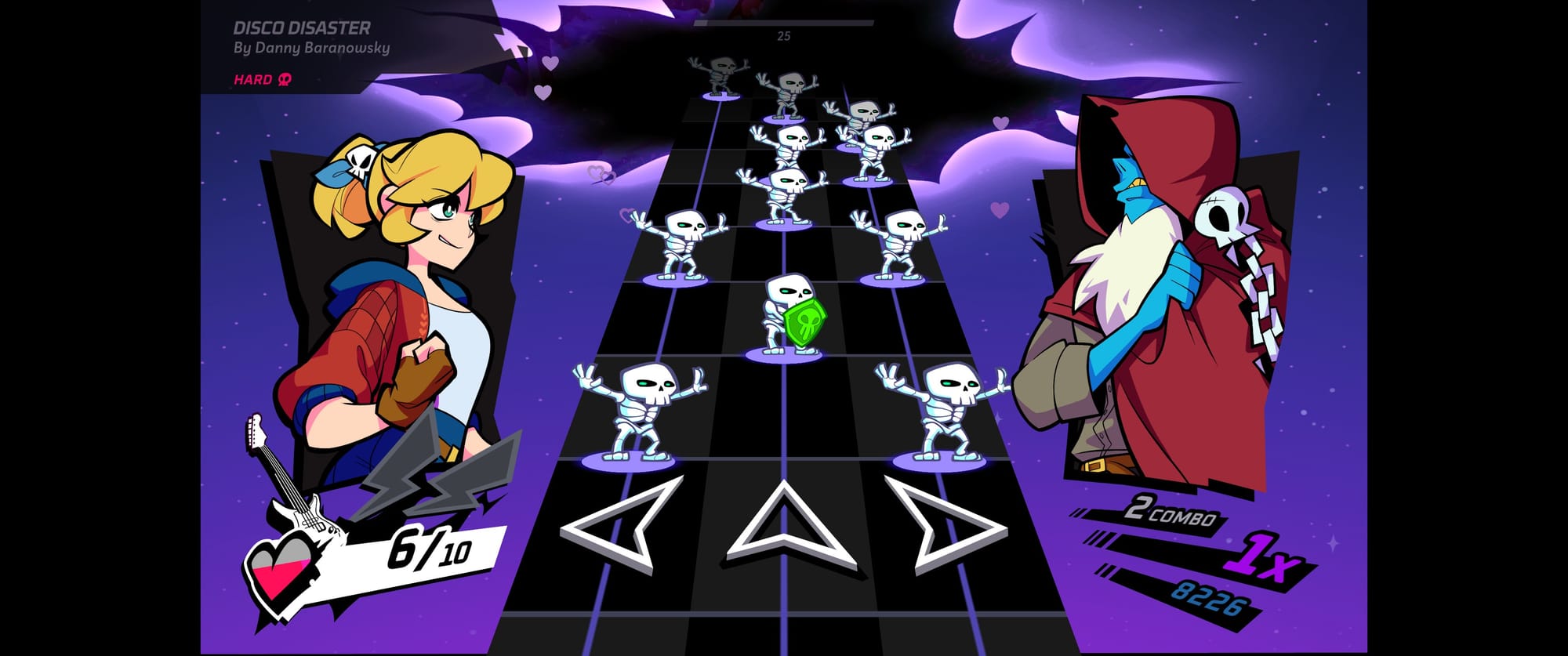Screenshot of Rift of the Necrodancer gameplay; there's two characters facing off, with a rhythm board in between them. On the board are three arrows and a bunch of skeletons.