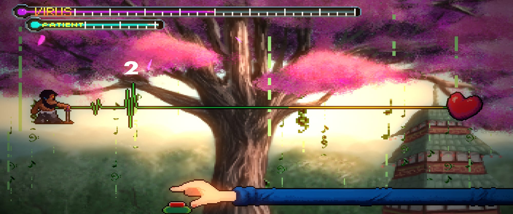 Screenshot of the gameplay from Rhythm Doctor. There's a single line from a samurai leading to a heart, and it's counting the beats off until you have to click the button.