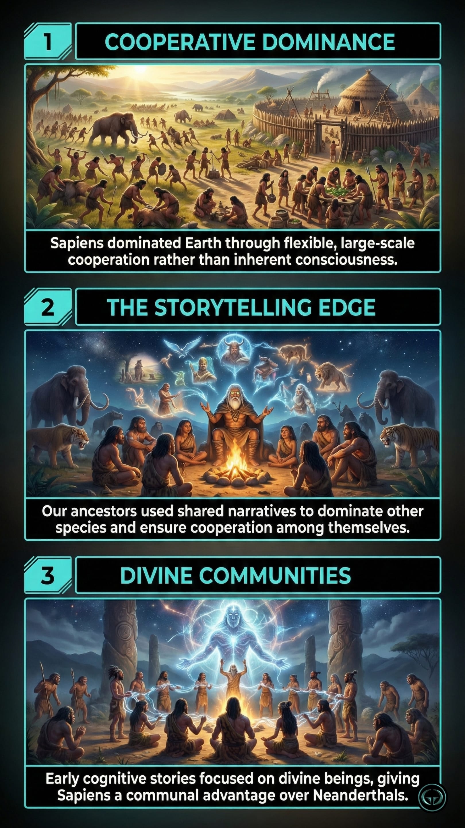 Infographic of three panels from Yuval Noah Harari's Homo Deus: 1. Cooperative Dominance showing early Sapiens hunting; 2. The Storytelling Edge depicting ancestors around a campfire with mythical figures; 3. Divine Communities showing early cognitive stories and divine beings.