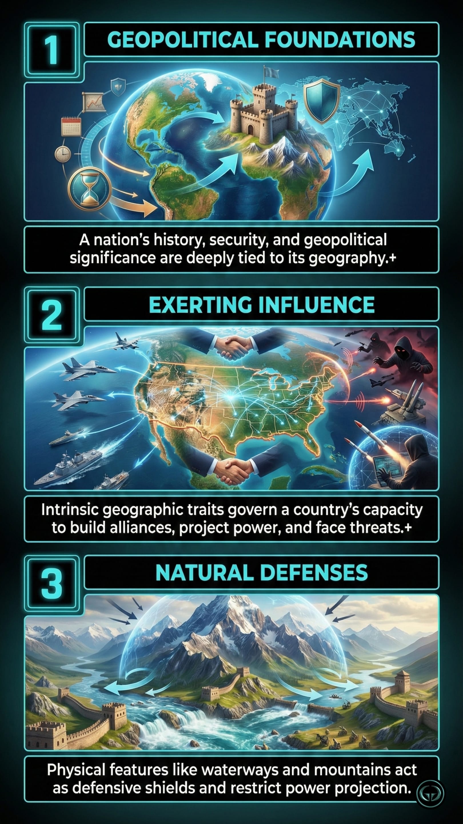 Panel 1: Geopolitical Foundations. A stylized 3D globe showing a stone fortress built atop a mountain range, symbolizing the link between geography and security. Icons for history, time, and defense (a shield) orbit the planet. Panel 2: Exerting Influence. A map of the United States with glowing network lines, flanked by two hands shaking and various military assets (jets, naval ships). Dark silhouettes of hackers and soldiers on the periphery represent external threats and the projection of power. Panel 3: Natural Defenses. A landscape showing a mountain range and a river acting as a "bubble shield" over a valley. A Great Wall-style fortification runs through the terrain, illustrating how physical features restrict invasion and power projection.