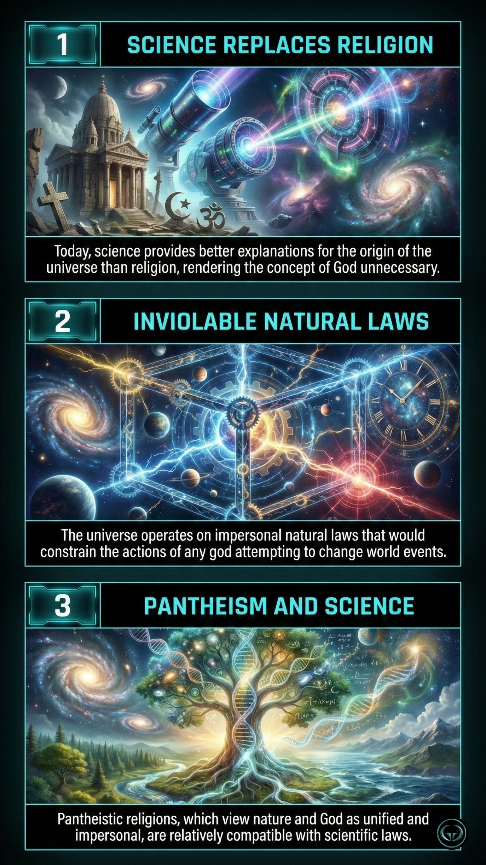 Graphic Gyaan visual summary of Brief Answers to the Big Questions by Stephen Hawking. Panels illustrate insights 1 to 3: Science Replaces Religion, Inviolable Natural Laws, and Pantheism and Science.