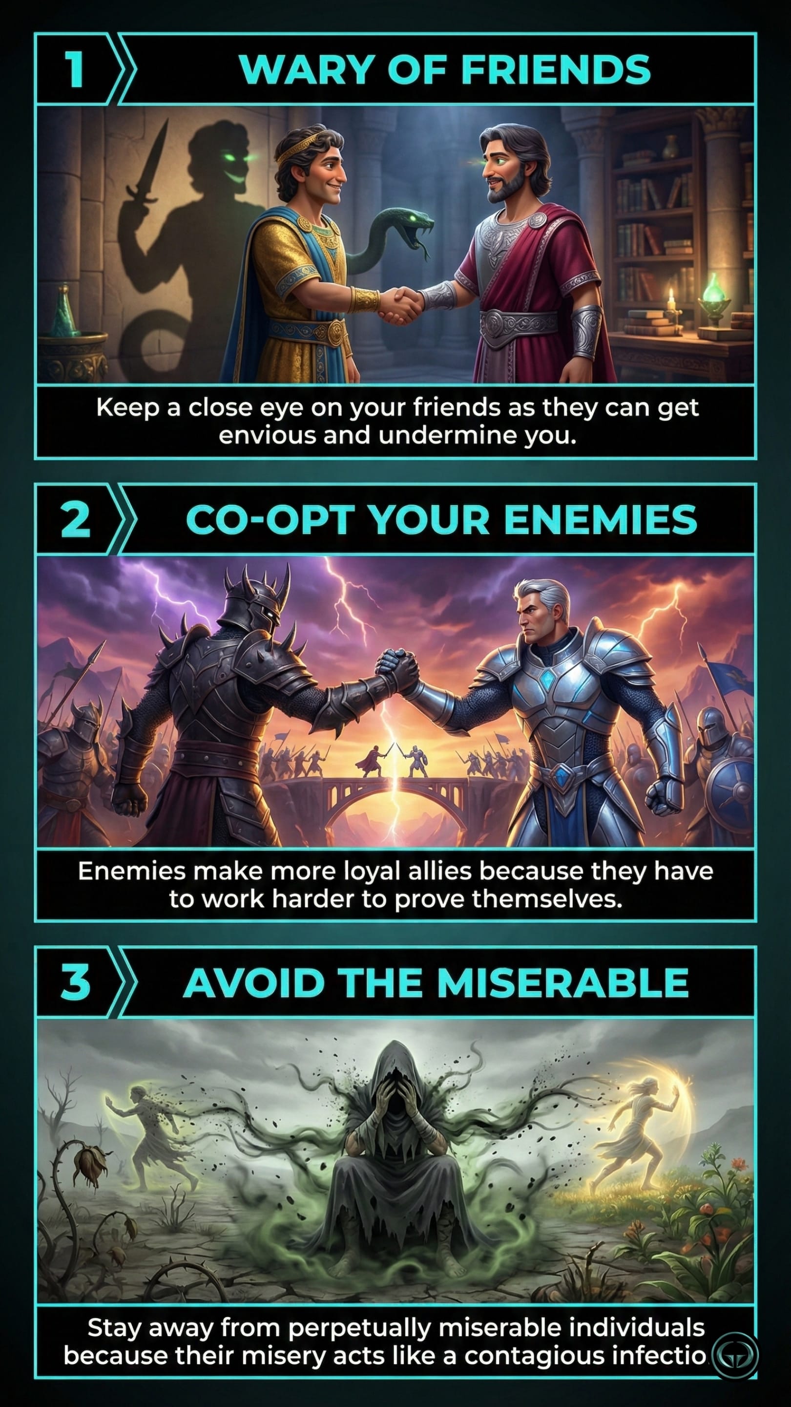 Graphic summary of The 48 Laws of Power by Robert Greene. Illustrations show a deceptive handshake with a snake shadow, armored enemy knights allying, and a dark figure emitting toxic green energy to represent Laws 1 to 3.