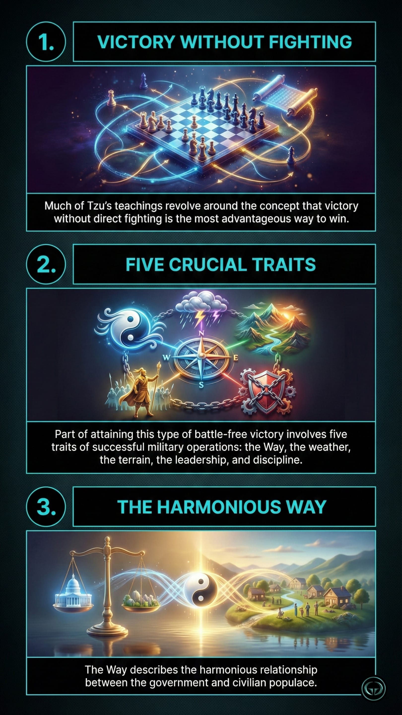 Infographic of Sun Tzu’s The Art of War: 1. Victory without fighting depicted by a cosmic chessboard. 2. The Five Crucial Traits showing a compass and elemental symbols. 3. The Harmonious Way illustrating the balance between government and civilians with a Yin Yang scale.