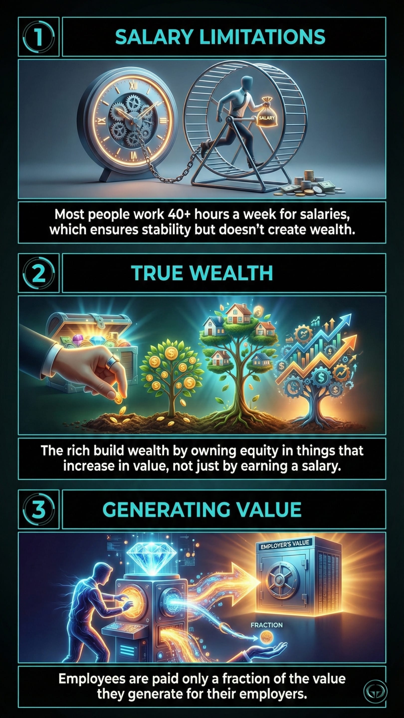 Infographic illustrating three Rich Dad Poor Dad insights by Robert Kiyosaki: Top panel shows the trap of trading time for a salary; Middle panel depicts building true wealth through equity and asset growth; Bottom panel visualizes employees receiving only a fraction of the value they generate.