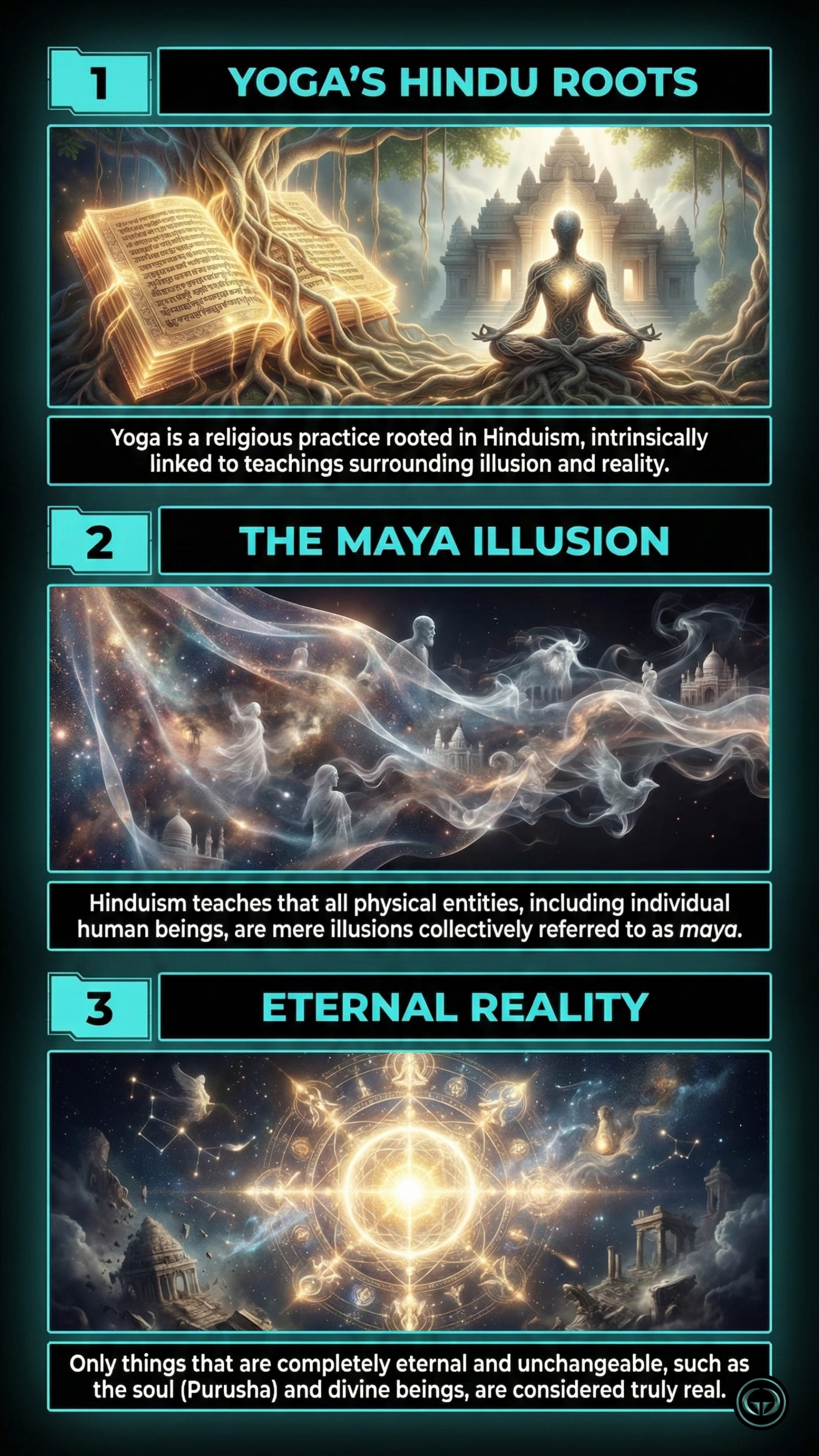Infographic illustrating three Autobiography of a Yogi insights by Paramahansa Yogananda: Top panel shows yoga's roots in Hinduism; Middle panel depicts the Maya illusion of the physical world; Bottom panel visualizes the eternal reality of the soul.