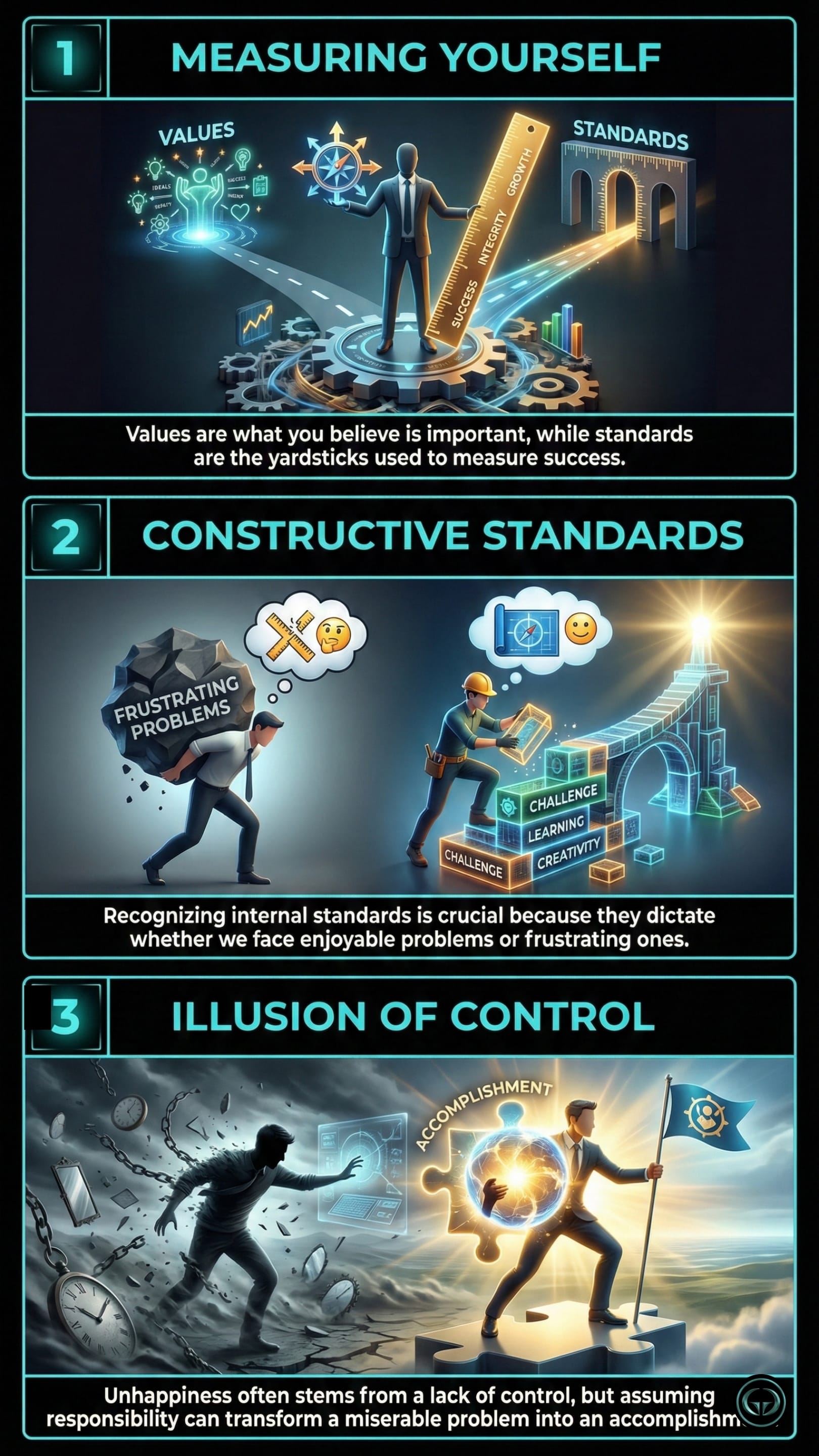 Infographic illustrating three The Subtle Art of Not Giving a F*ck insights by Mark Manson: Top panel shows aligning personal values and success metrics; Middle panel depicts choosing constructive standards over frustrating problems; Bottom panel visualizes assuming radical responsibility to regain control.