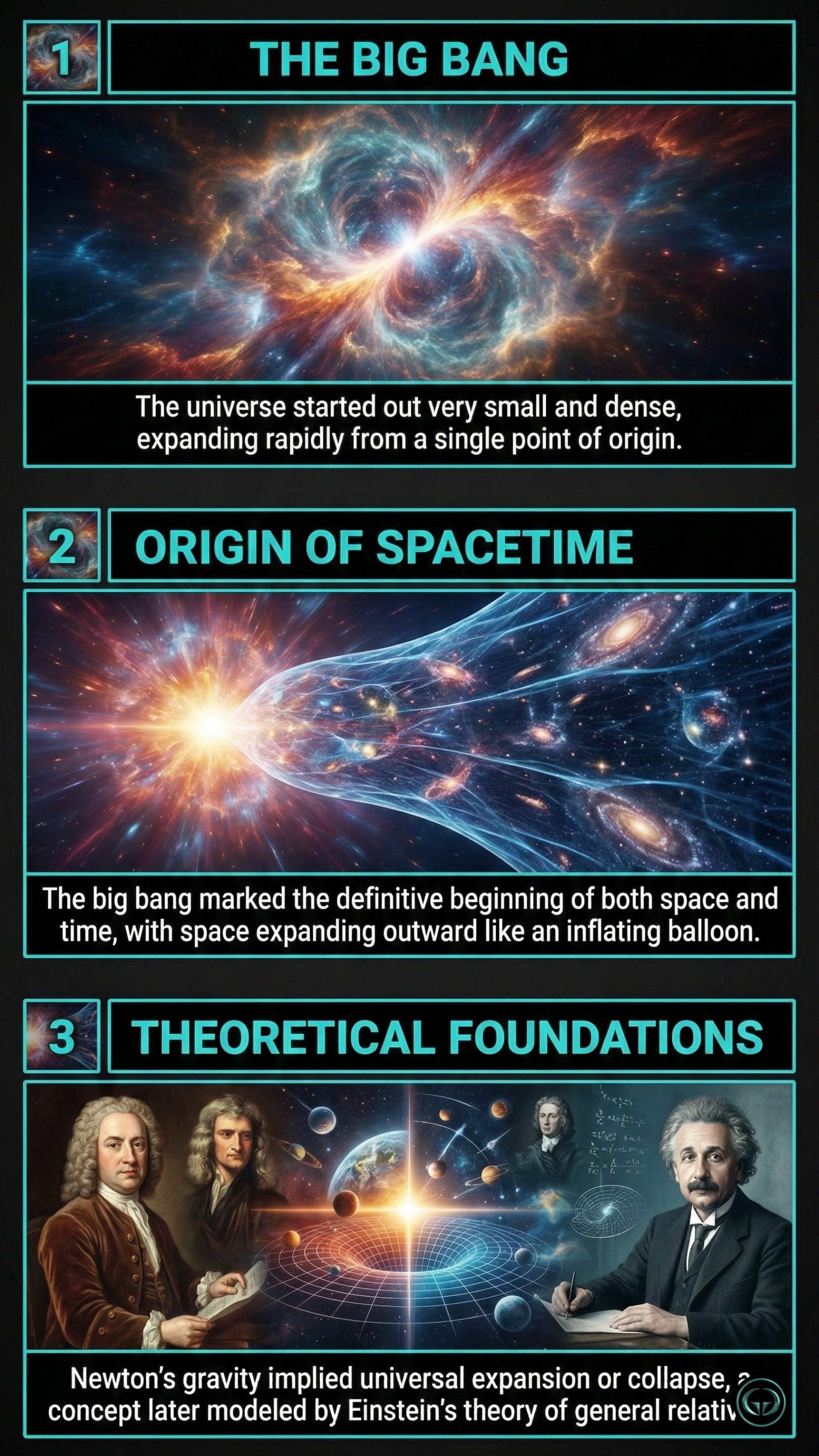 Infographic illustrating three A Short History of Nearly Everything insights by Bill Bryson: Top panel shows the Big Bang's single point of origin; Middle panel depicts the expansion of spacetime; Bottom panel visualizes the theoretical gravity models of Newton and Einstein.