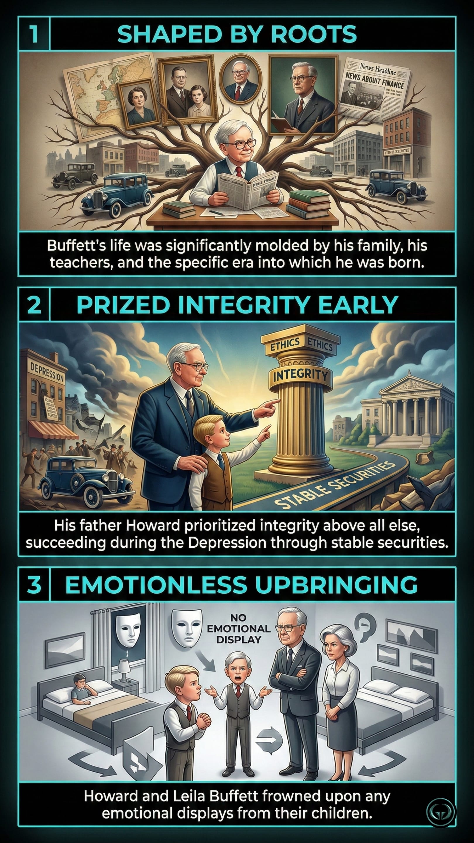 Infographic of The Snowball by Alice Schroeder: Top panel shows Warren Buffett’s life shaped by family and era; Middle depicts his father Howard’s focus on integrity and stable securities; Bottom visualizes his emotionless upbringing and lack of emotional display.