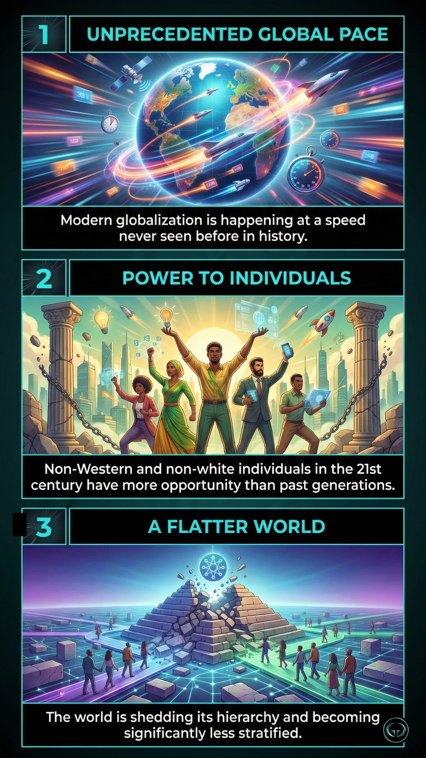 Infographic illustrating three The World Is Flat insights by Thomas L. Friedman: Top panel shows the unprecedented speed of modern globalization; Middle panel depicts non-Western individuals empowered by new tech opportunities; Bottom panel visualizes the world shedding its hierarchy to become flat.