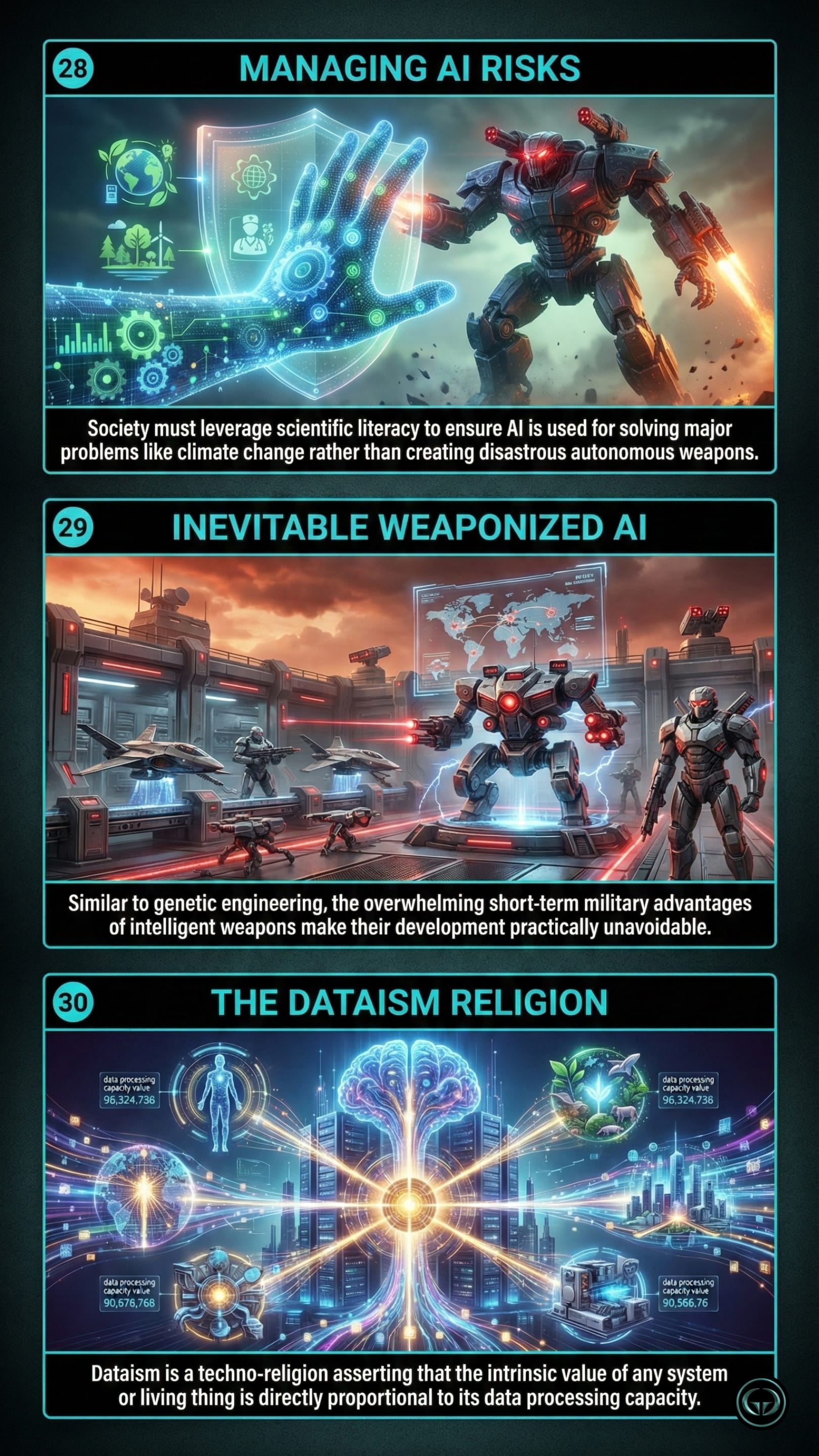Infographic illustrating 3 insights from Brief Answers to The Big Questions by Stephen Hawking: managing AI risks to solve global issues, the inevitability of weaponized military AI, and the techno-religion of Dataism.