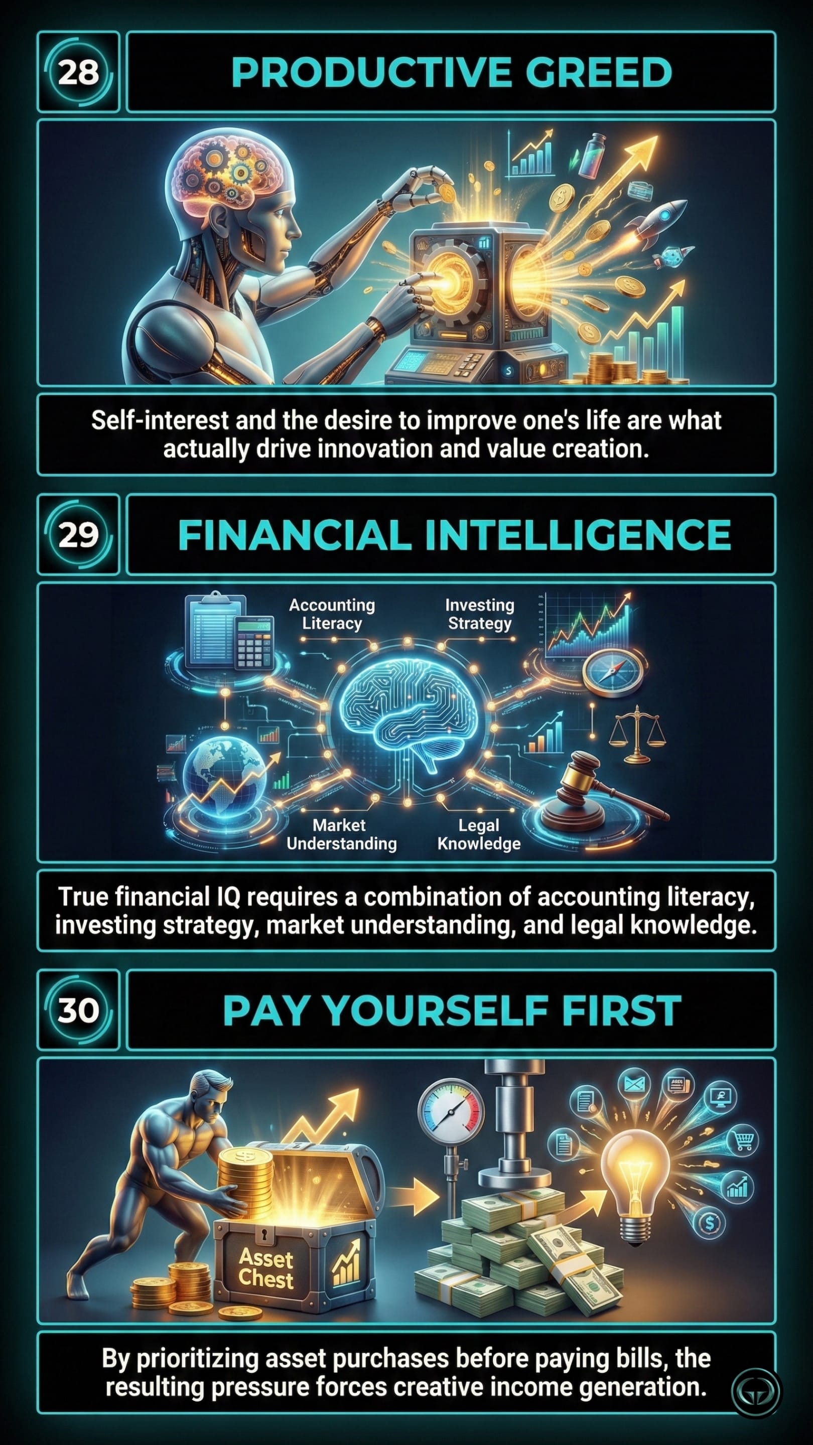 Infographic illustrating three Robert Kiyosaki insights from Rich Dad Poor Dad: Top panel shows productive self-interest driving value creation; Middle panel depicts the core pillars of financial intelligence; Bottom panel visualizes the "pay yourself first" strategy to force creative income generation.