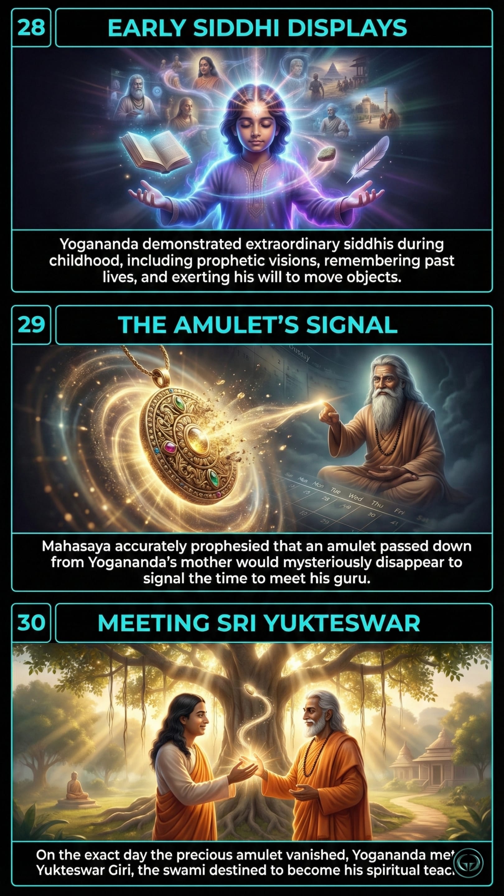 Infographic illustrating three Autobiography of a Yogi insights by Paramahansa Yogananda: Top panel shows early childhood displays of Siddhis; Middle panel depicts the prophetic vanishing amulet; Bottom panel visualizes the destined meeting with guru Sri Yukteswar.