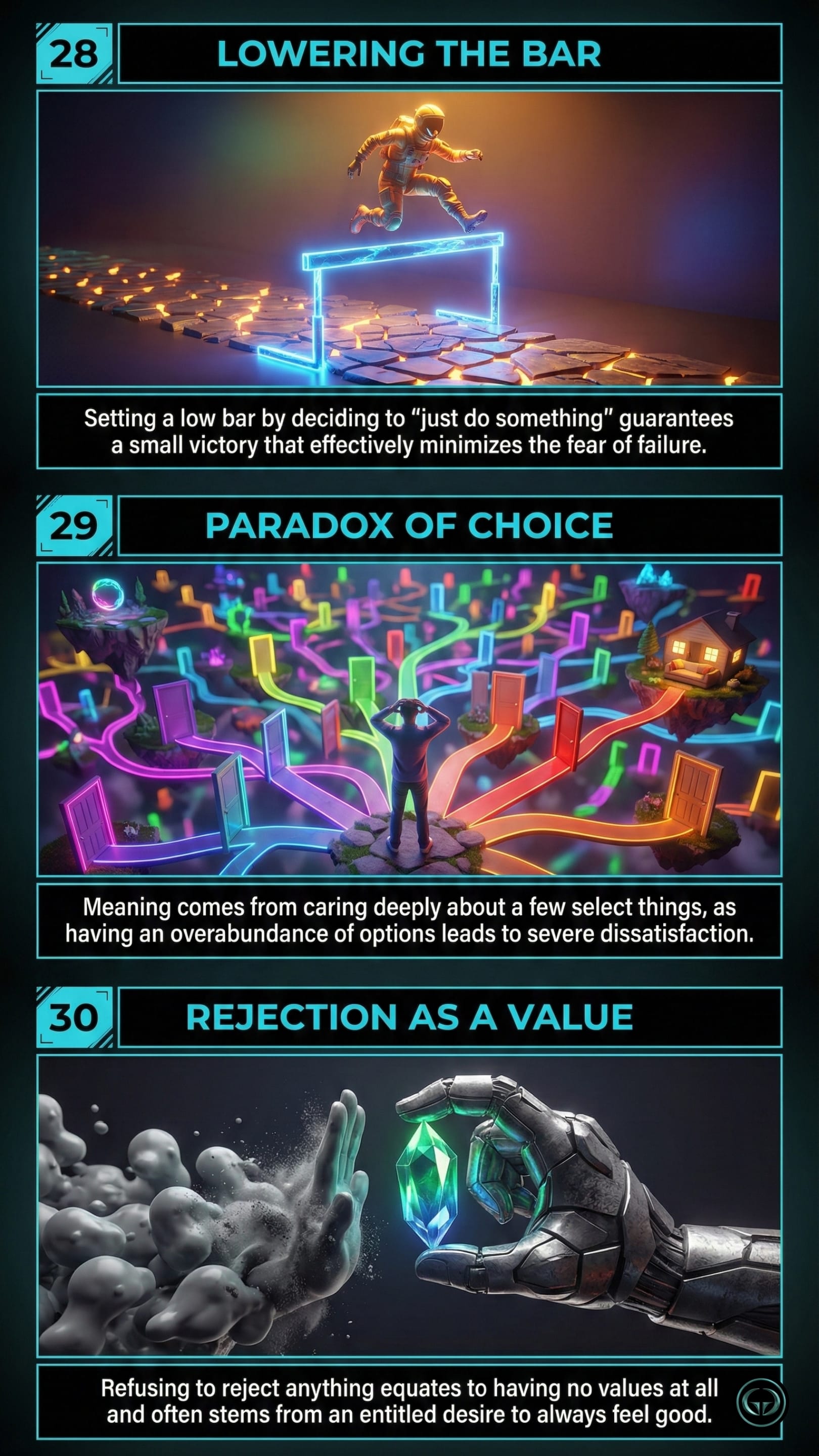 Infographic illustrating three The Subtle Art of Not Giving a F*ck insights by Mark Manson: Top panel shows lowering the bar to overcome the fear of failure; Middle panel depicts overcoming the paradox of choice; Bottom panel visualizes practicing rejection to define true values.