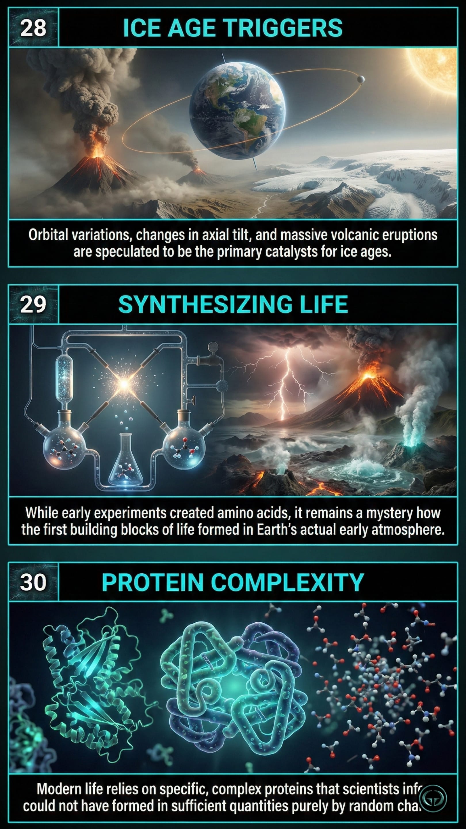 Infographic illustrating three A Short History of Nearly Everything insights by Bill Bryson: Top panel shows climate and orbital ice age triggers; Middle panel depicts the chemical synthesis of early life; Bottom panel visualizes complex biological protein structures.