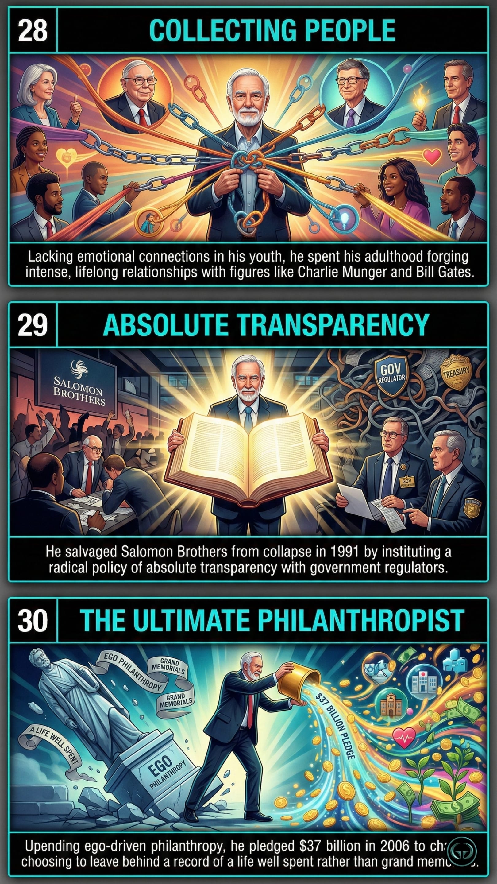 Infographic illustrating three The Snowball insights by Alice Schroeder: Top panel shows Buffett "collecting people" through lifelong relationships with Charlie Munger and Bill Gates; Middle panel depicts the rescue of Salomon Brothers via a policy of absolute transparency with regulators; Bottom panel visualizes the ultimate philanthropist upending ego-driven giving with a historic $37 billion pledge.