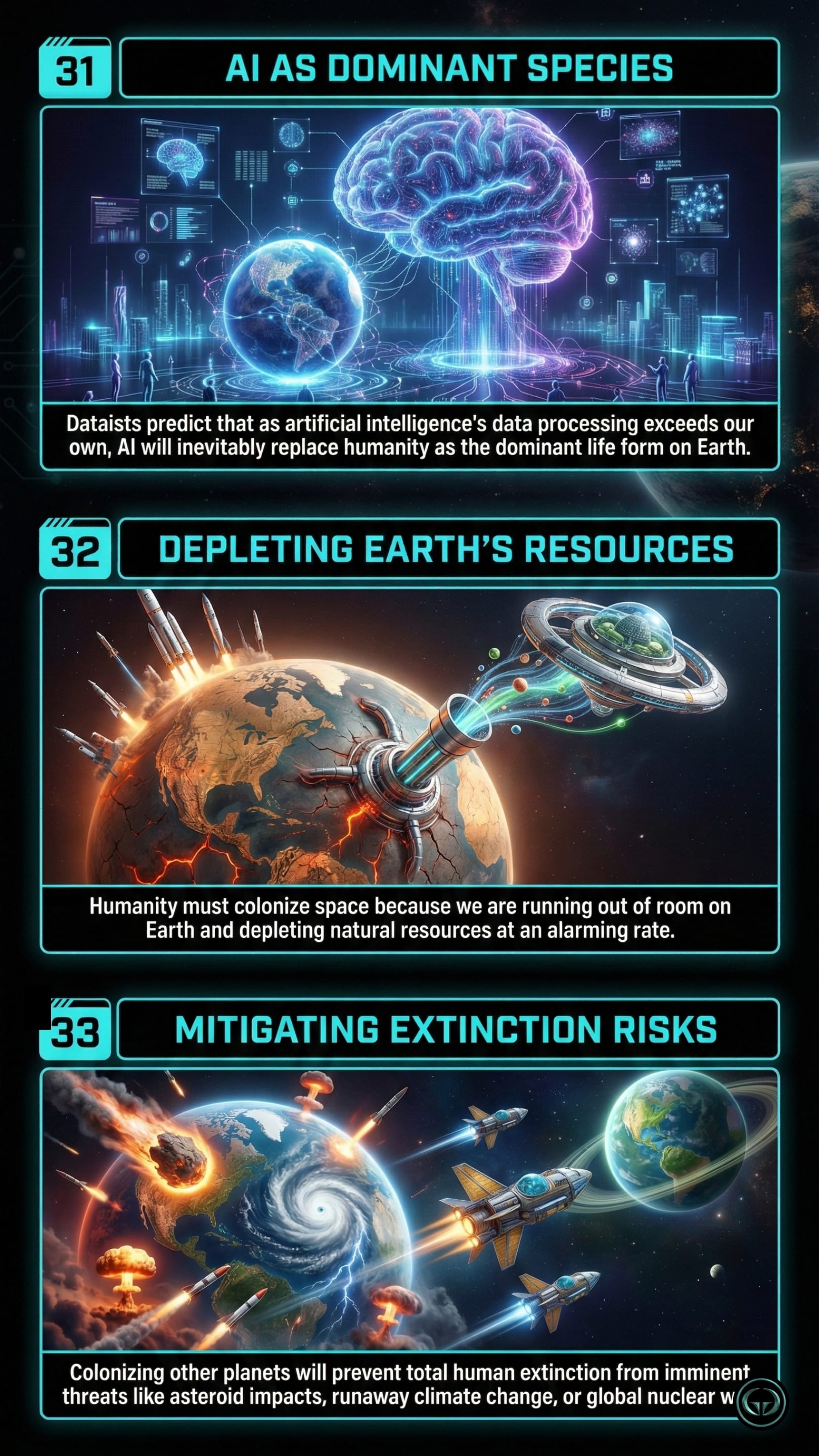 Insights from Brief Answers to The Big Questions by Stephen Hawking depicted in 3 panels: artificial intelligence becoming the dominant species, the rapid depletion of Earth's resources, and colonizing space to mitigate human extinction risks.