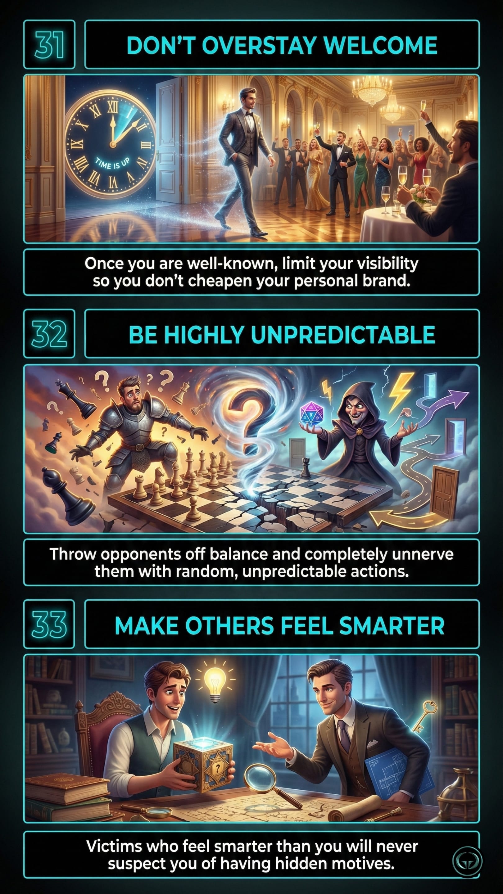 Graphic for Robert Greene's 48 Laws of Power showing Laws 31 to 33. Panel one, 'Don't Overstay Welcome', shows a man leaving a party through a glowing doorway as a clock ticks. Panel two, 'Be Highly Unpredictable', features a chaotic chess game between a knight and a wizard. Panel three, 'Make Others Feel Smarter', shows a man handing a glowing puzzle box to an amazed colleague.