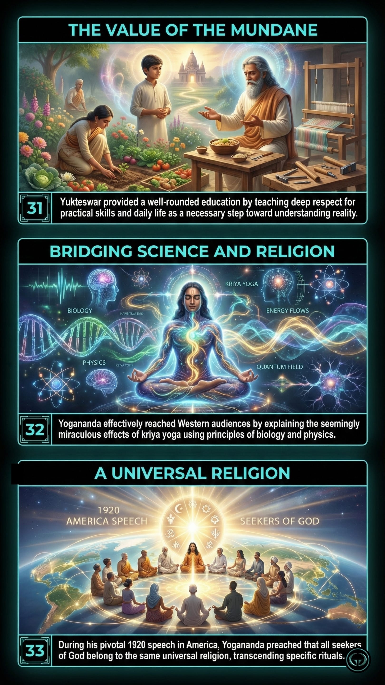 Infographic illustrating three Autobiography of a Yogi insights by Paramahansa Yogananda: Top panel shows the spiritual value of practical daily skills; Middle panel depicts Kriya Yoga bridging spirituality with biology and physics; Bottom panel visualizes a universal religion uniting all seekers.