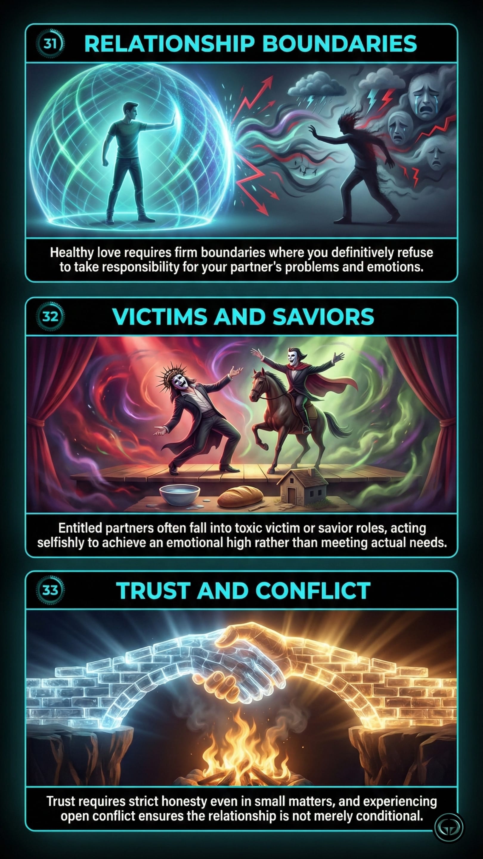 Infographic illustrating three The Subtle Art of Not Giving a F*ck insights by Mark Manson: Top panel shows establishing firm relationship boundaries; Middle panel depicts avoiding toxic victim and savior roles; Bottom panel visualizes building trust through honest, open conflict.