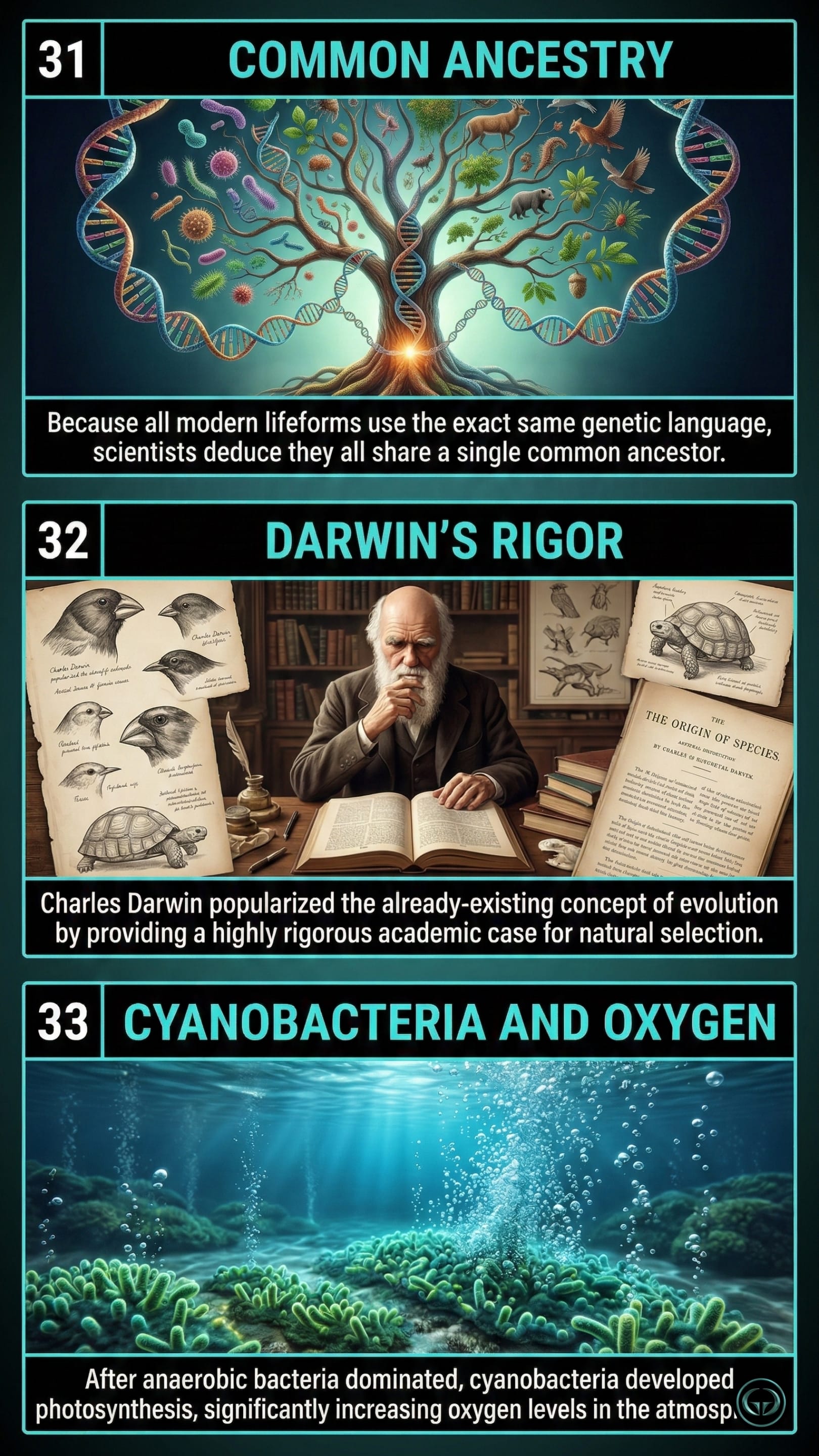 Infographic illustrating three A Short History of Nearly Everything insights by Bill Bryson: Top panel shows the genetic tree of common ancestry; Middle panel depicts Charles Darwin's rigorous case for evolution; Bottom panel visualizes oxygen-producing cyanobacteria.