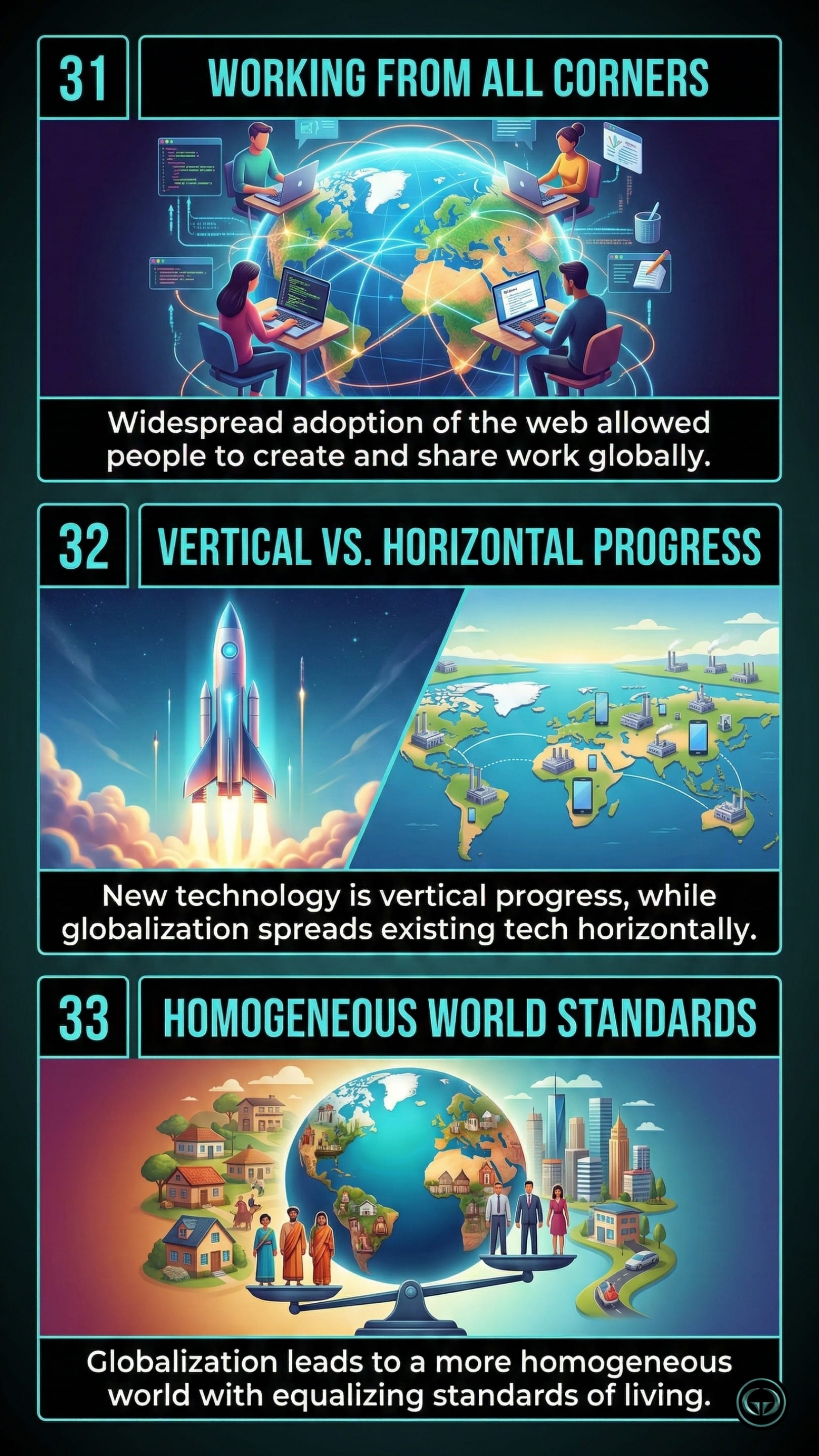 Infographic illustrating three The World Is Flat insights by Thomas L Friedman: Top panel shows global remote work adoption; Middle panel depicts vertical technological progress versus horizontal globalization; Bottom panel visualizes globalization creating homogeneous world standards.