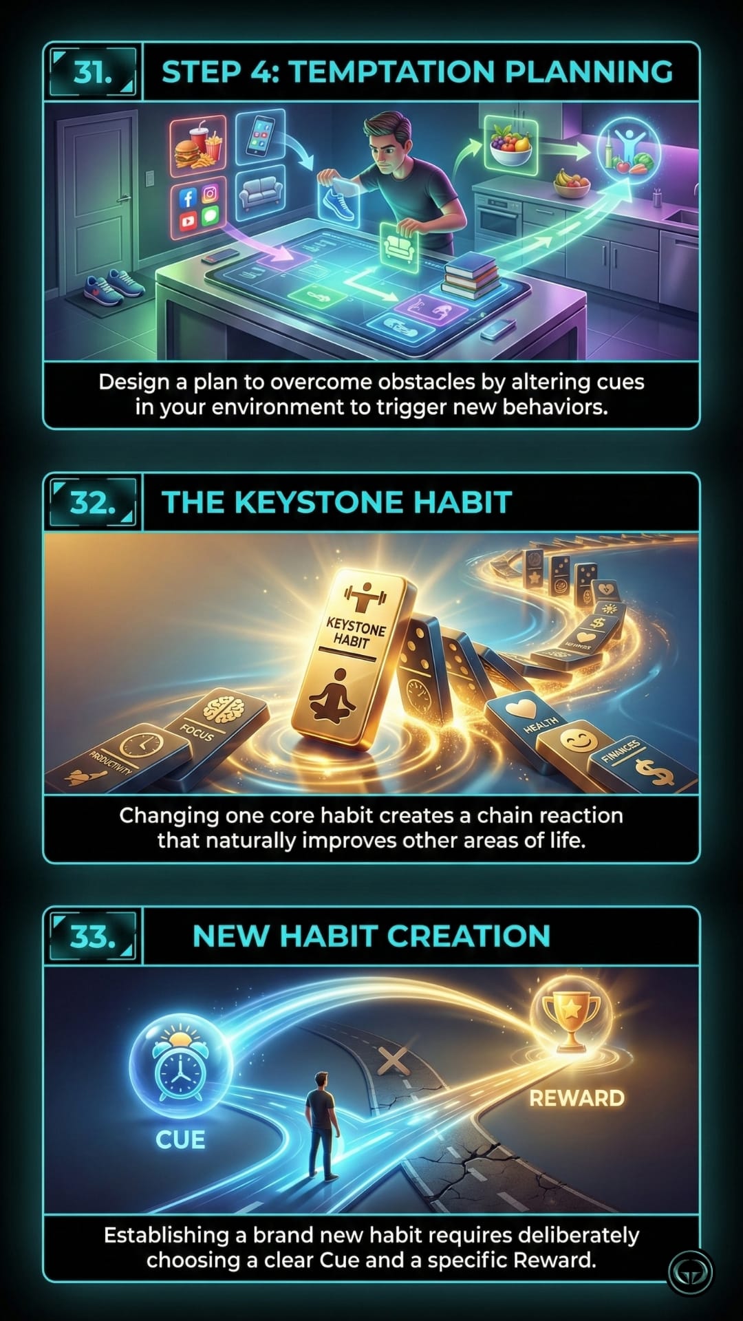 Panel 31 (Temptation Planning): A digital graphic insight from the book 'The Power Of Habit' showing a man at a futuristic glowing table. He is physically moving digital icons—replacing a fast food and social media icon with a running shoe and healthy food icon—illustrating how to alter environmental cues to change behavior. Panel 32 (The Keystone Habit): A digital graphic insight from the book 'The Power Of Habit' featuring a glowing gold domino labeled "Keystone Habit." As it falls, it triggers a chain reaction of other dominoes labeled "Focus," "Productivity," "Health," and "Finances," symbolizing how one core change improves multiple areas of life. Panel 33 (New Habit Creation): A digital graphic insight from the book 'The Power Of Habit' depicting a person standing at a fork in a glowing blue road. One path is lit by a "Cue" (alarm clock icon) and leads toward a "Reward" (golden trophy icon), visualizing the deliberate path needed to establish a new routine.