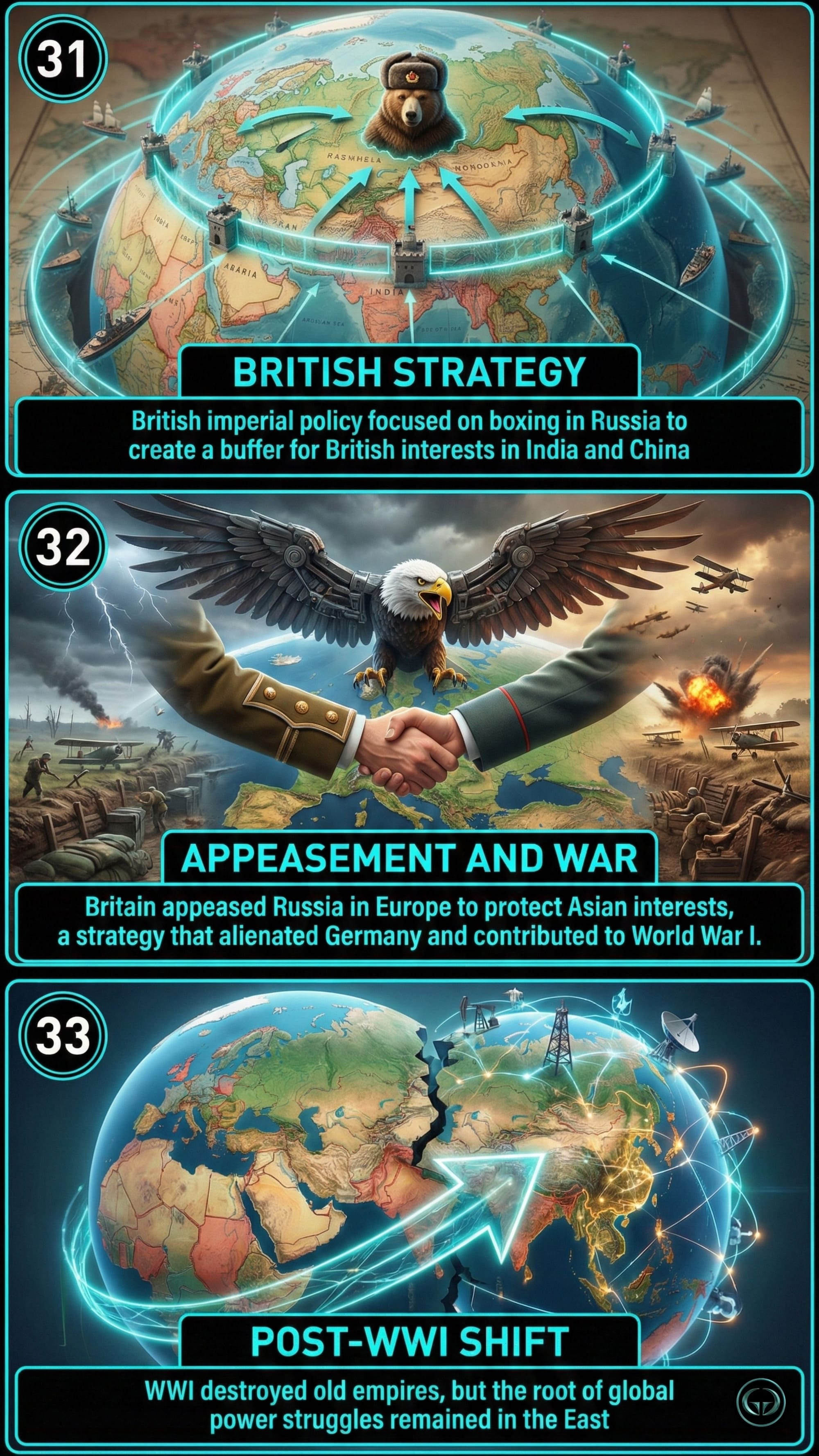 20th-century global strategy: Panel 31 shows the British policy of containment against Russia; Panel 32 illustrates the strategy of appeasement before WWI; Panel 33 depicts the post-WWI shift of global power struggles toward the East.