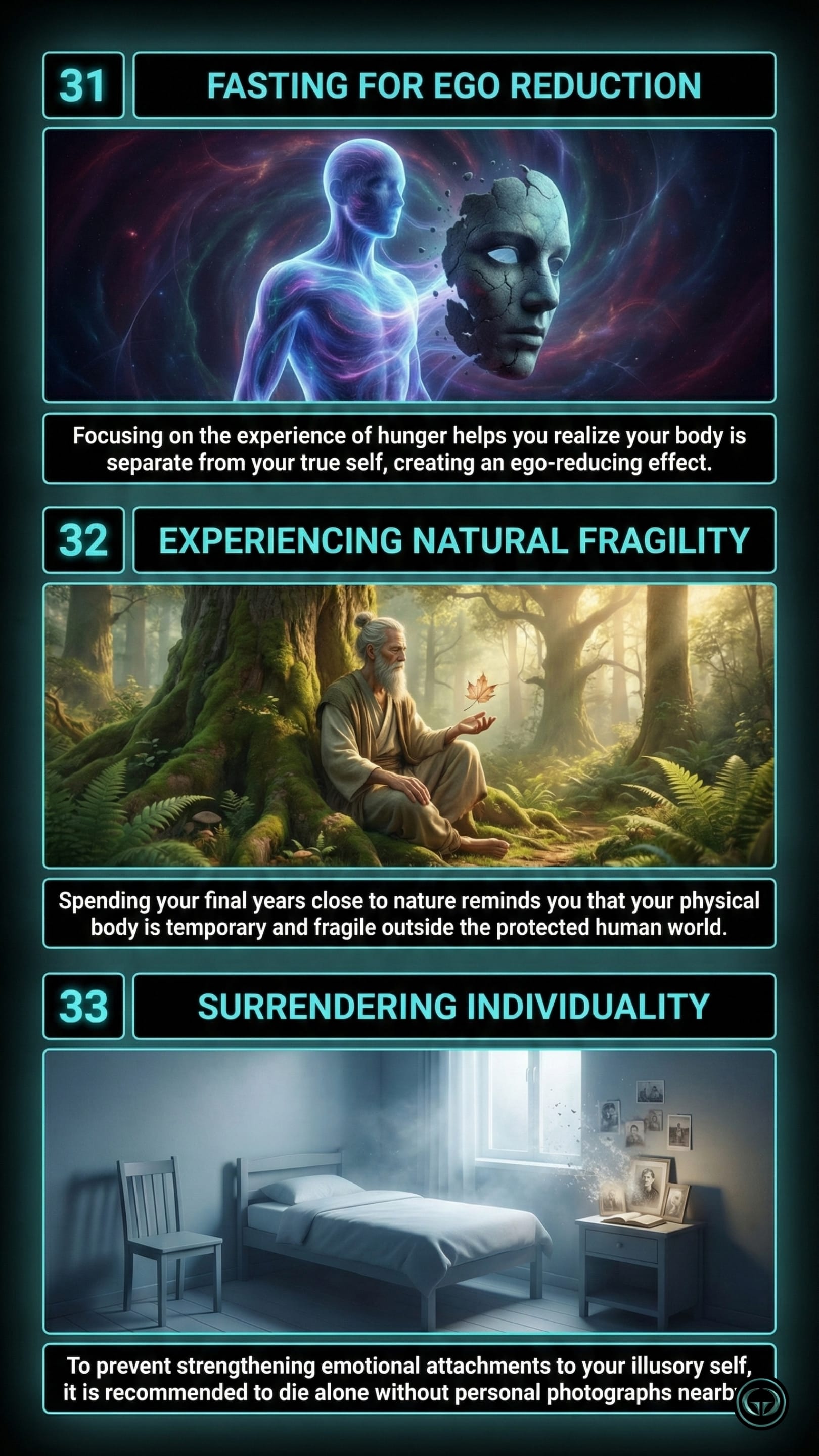 Final insights from Sadhguru’s 'Death' covering fasting for ego reduction, experiencing natural fragility in nature, and the practice of surrendering individuality to prevent emotional attachment.