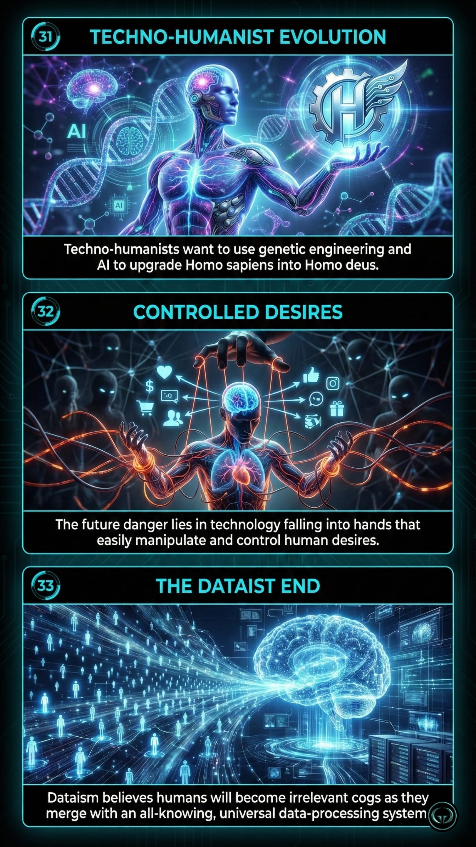 Final insights from Homo Deus by Yuval Noah Harari illustrating techno-humanist evolution into Homo Deus, controlled human desires, and the Dataist end of human relevance.