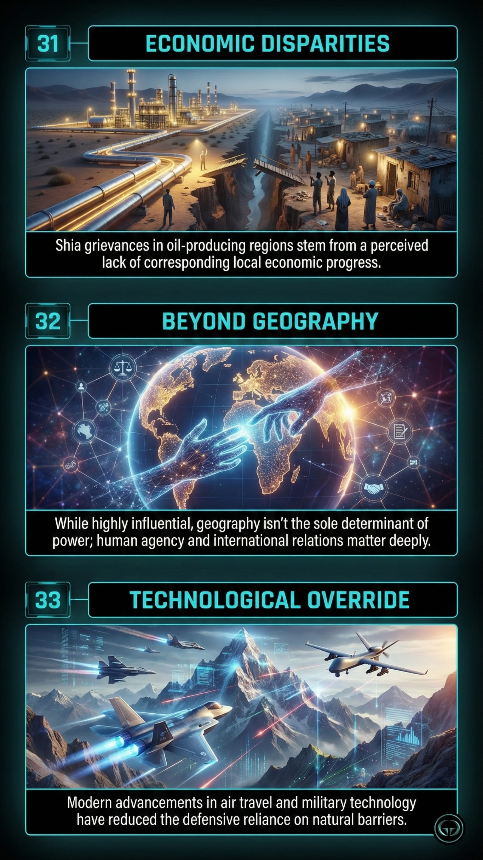Insight 31: Economic Disparities. A visual of a deep trench separating a glowing, modern oil refinery with bright pipelines from a poor village with shacks and people in shadows, illustrating the lack of local economic progress in oil-producing regions. Insight 32: Beyond Geography. An artistic render of two giant, translucent digital hands reaching out to clasp each other over a glowing network-covered Earth, symbolizing that human agency and international relations are as vital as physical geography. Insight 33: Technological Override. A futuristic scene of advanced fighter jets and a large military drone flying over snow-capped mountains. Digital HUD overlays suggest that modern technology reduces the defensive importance of natural barriers.