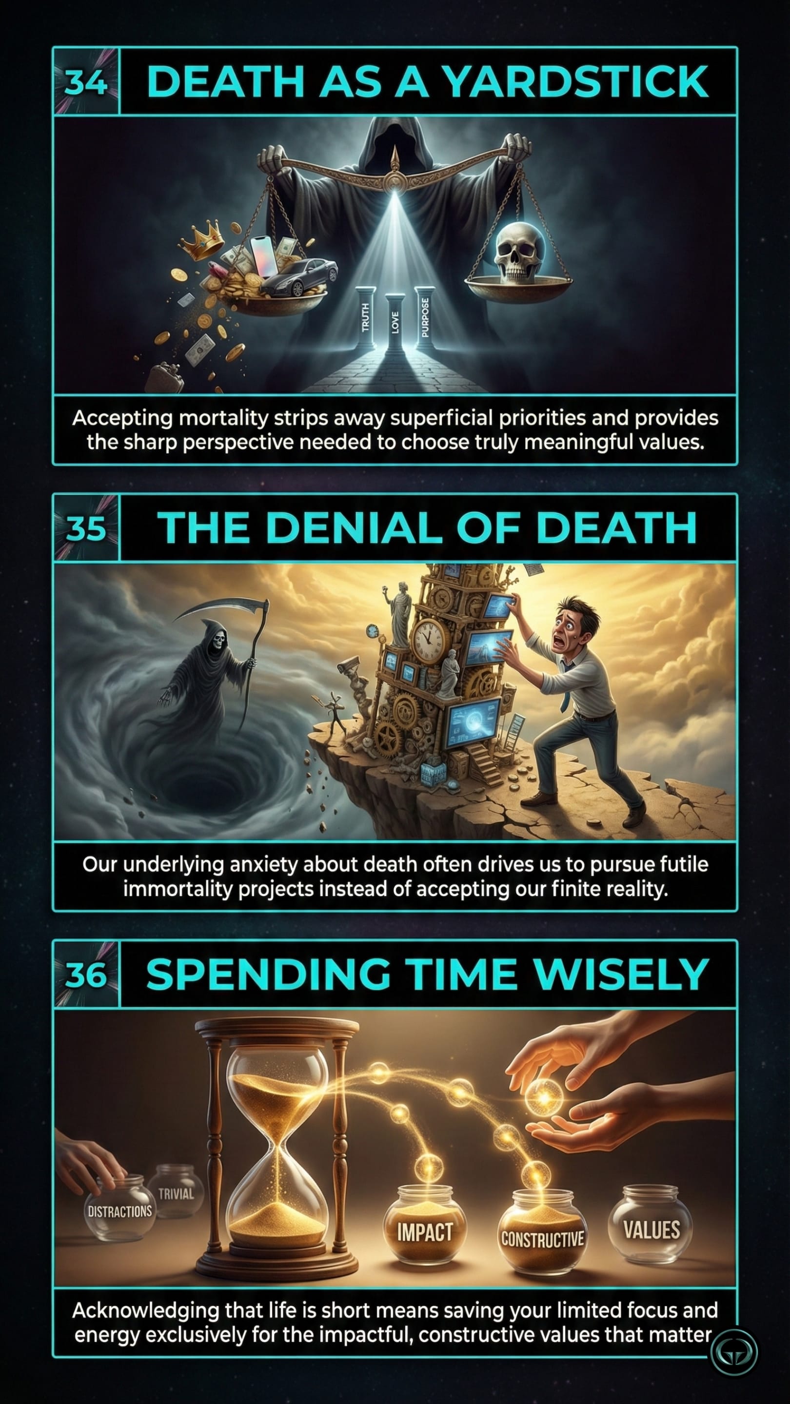 Infographic illustrating three The Subtle Art of Not Giving a F*ck insights by Mark Manson: Top panel shows using mortality as a yardstick for meaning; Middle panel depicts the futility of denying death; Bottom panel visualizes spending finite time on constructive values.