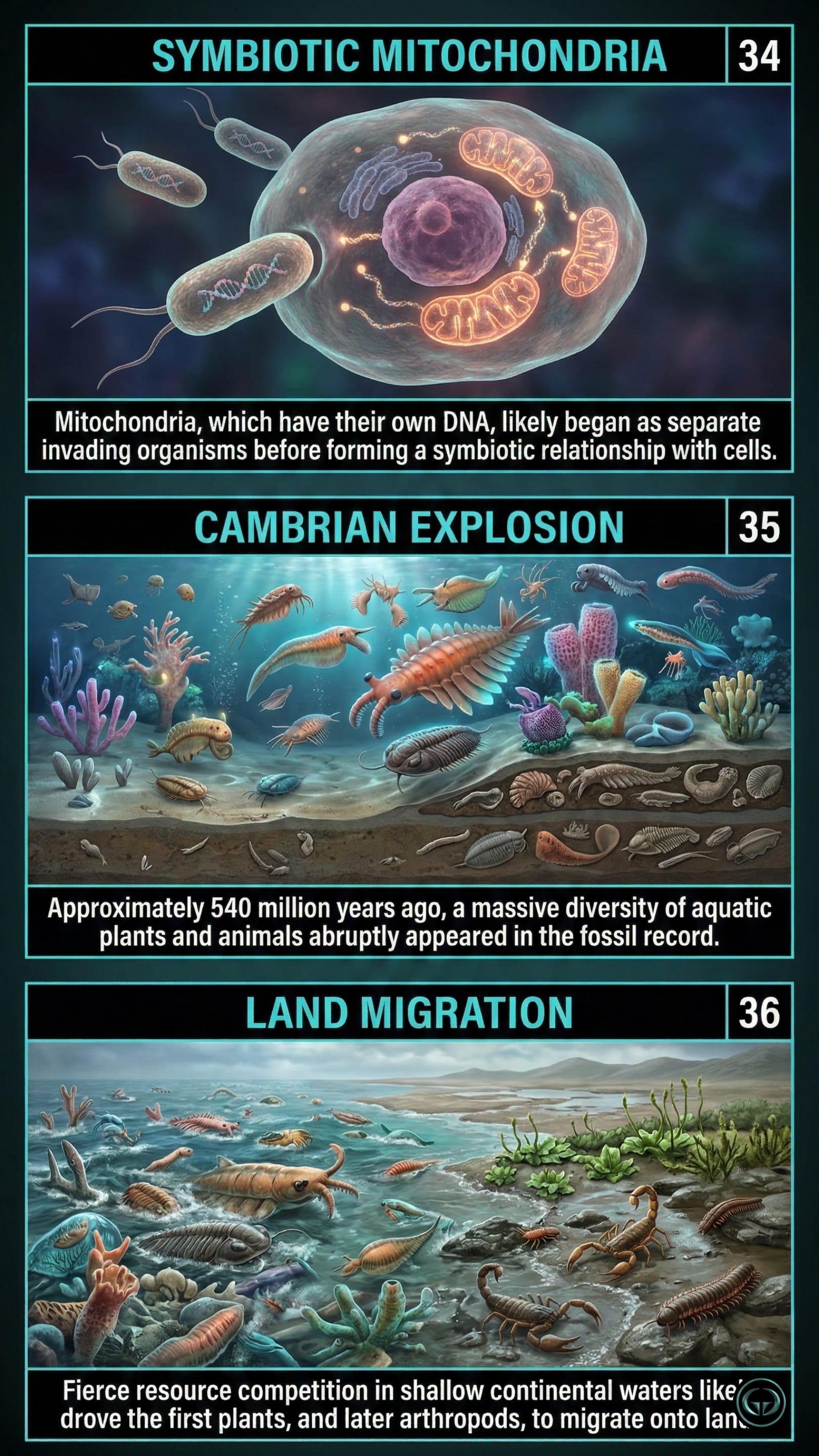 Infographic illustrating three A Short History of Nearly Everything insights by Bill Bryson: Top panel shows the development of symbiotic mitochondria; Middle panel depicts the Cambrian explosion's aquatic diversity; Bottom panel visualizes early species' land migration.