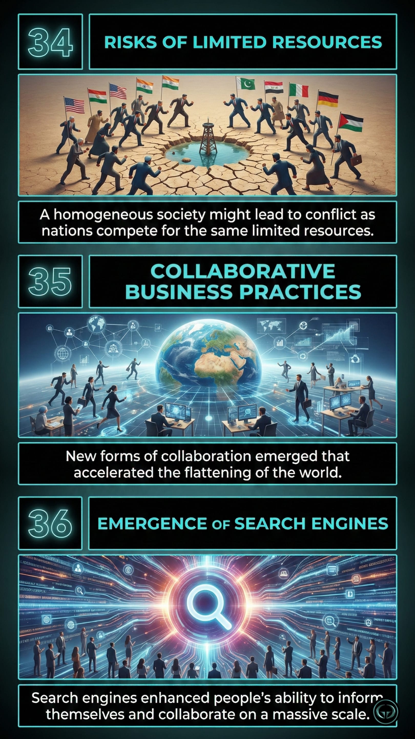 Infographic illustrating three The World Is Flat insights by Thomas L Friedman: Top panel shows global conflict over limited resources; Middle panel depicts collaborative global business practices; Bottom panel visualizes search engines accelerating massive scale information sharing.