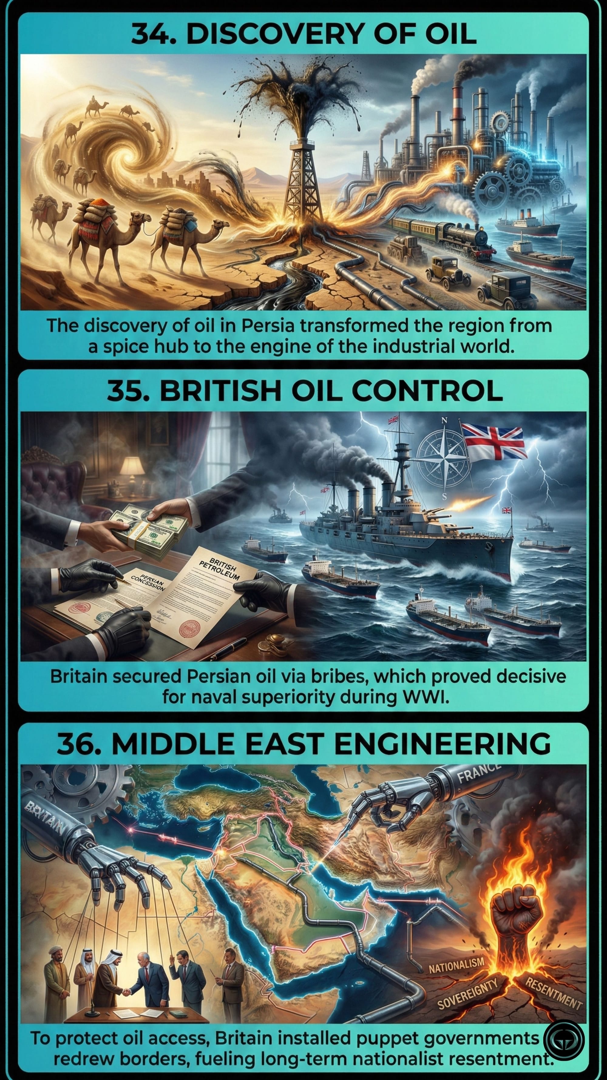 Oil and the Middle East: Panel 34 shows the discovery of oil in Persia; Panel 35 illustrates British control over Persian oil for naval superiority; Panel 36 depicts the redrawing of Middle East borders and puppet governments.