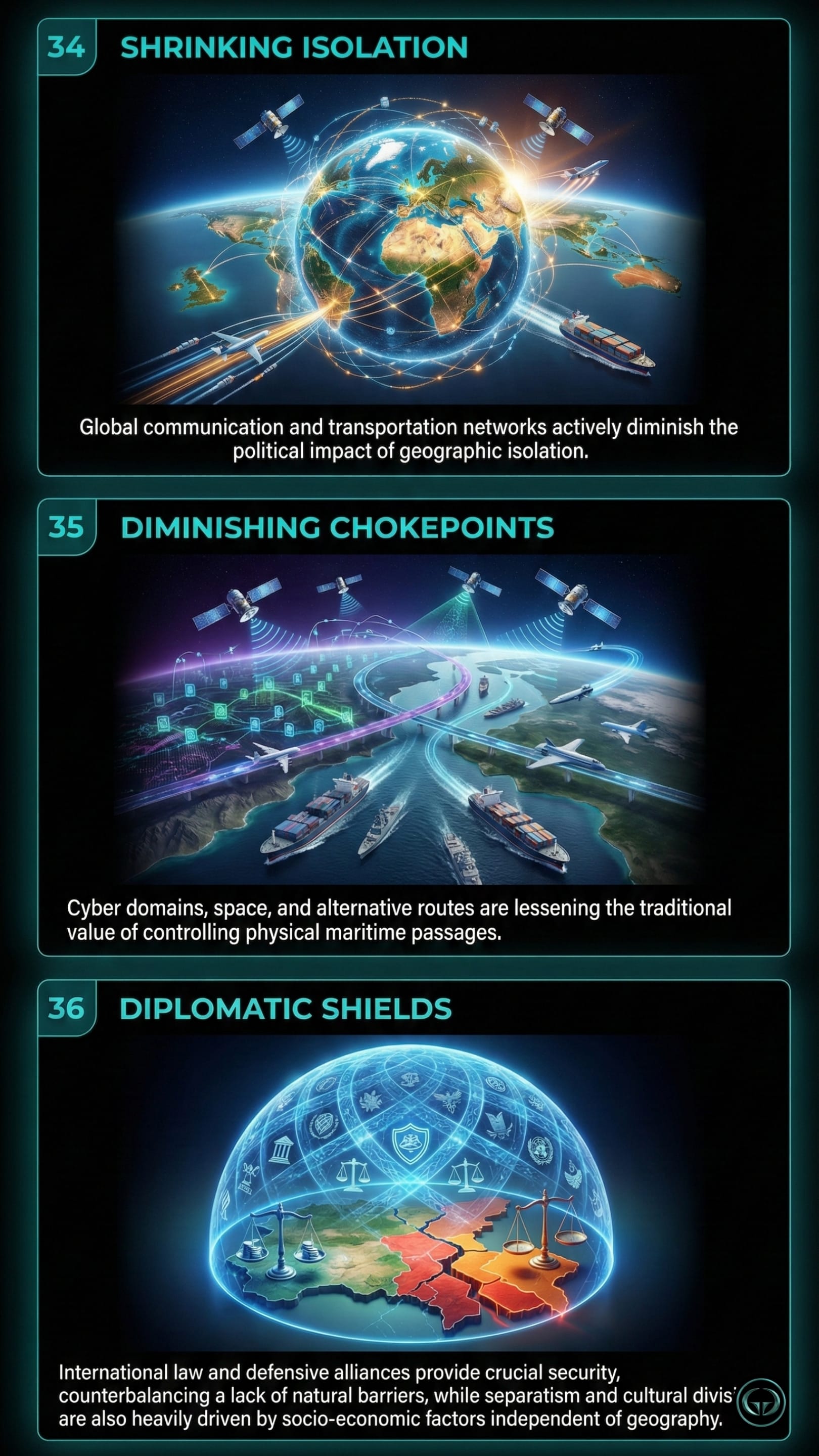Insight 34: Shrinking Isolation. A digital globe crisscrossed by glowing lines representing flight paths and shipping routes, with satellites orbiting above, showing how global communication and transport diminish the impact of isolation. Insight 35: Diminishing Chokepoints. A wide-angle view of a maritime strait filled with cargo ships and naval vessels, overlaid with glowing digital networks and satellites, illustrating how cyber domains and space are lessening the value of physical maritime passages. Insight 36: Diplomatic Shields. A glowing, blue digital dome or "force field" covered in legal and diplomatic icons (scales of justice, seals, gavels) protecting a divided map below, representing how international law and alliances provide security regardless of geography.