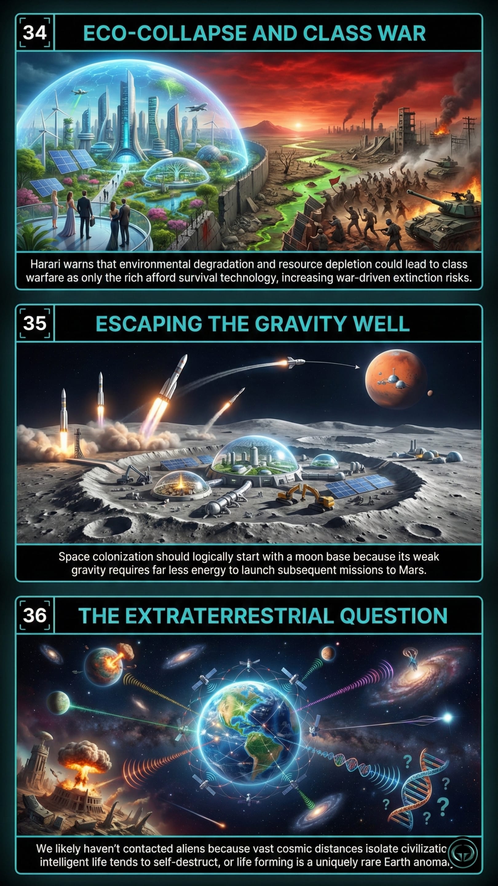 Graphic panels showing 3 insights from Brief Answers to The Big Questions by Stephen Hawking: eco-collapse leading to class warfare, escaping Earth's gravity well by building a Moon base, and answering the extraterrestrial question of alien contact.