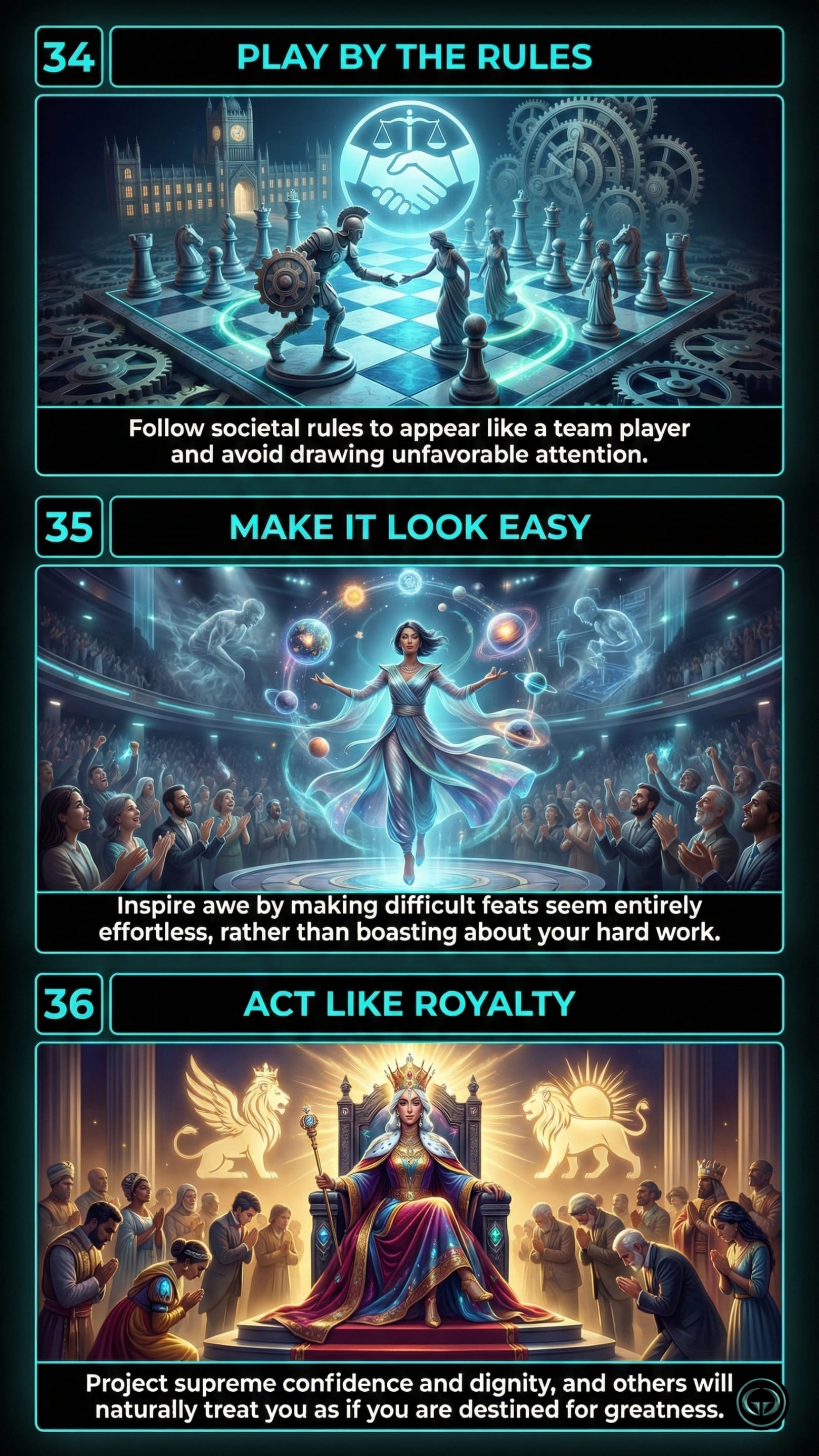 Graphic for Robert Greene's 48 Laws of Power showing Laws 34 to 36. Panel one, 'Play By The Rules', features figures shaking hands on a giant glowing chessboard. Panel two, 'Make It Look Easy', shows a woman floating effortlessly in space before a cheering audience. Panel three, 'Act Like Royalty', depicts a confident queen on a throne receiving bows from her subjects.