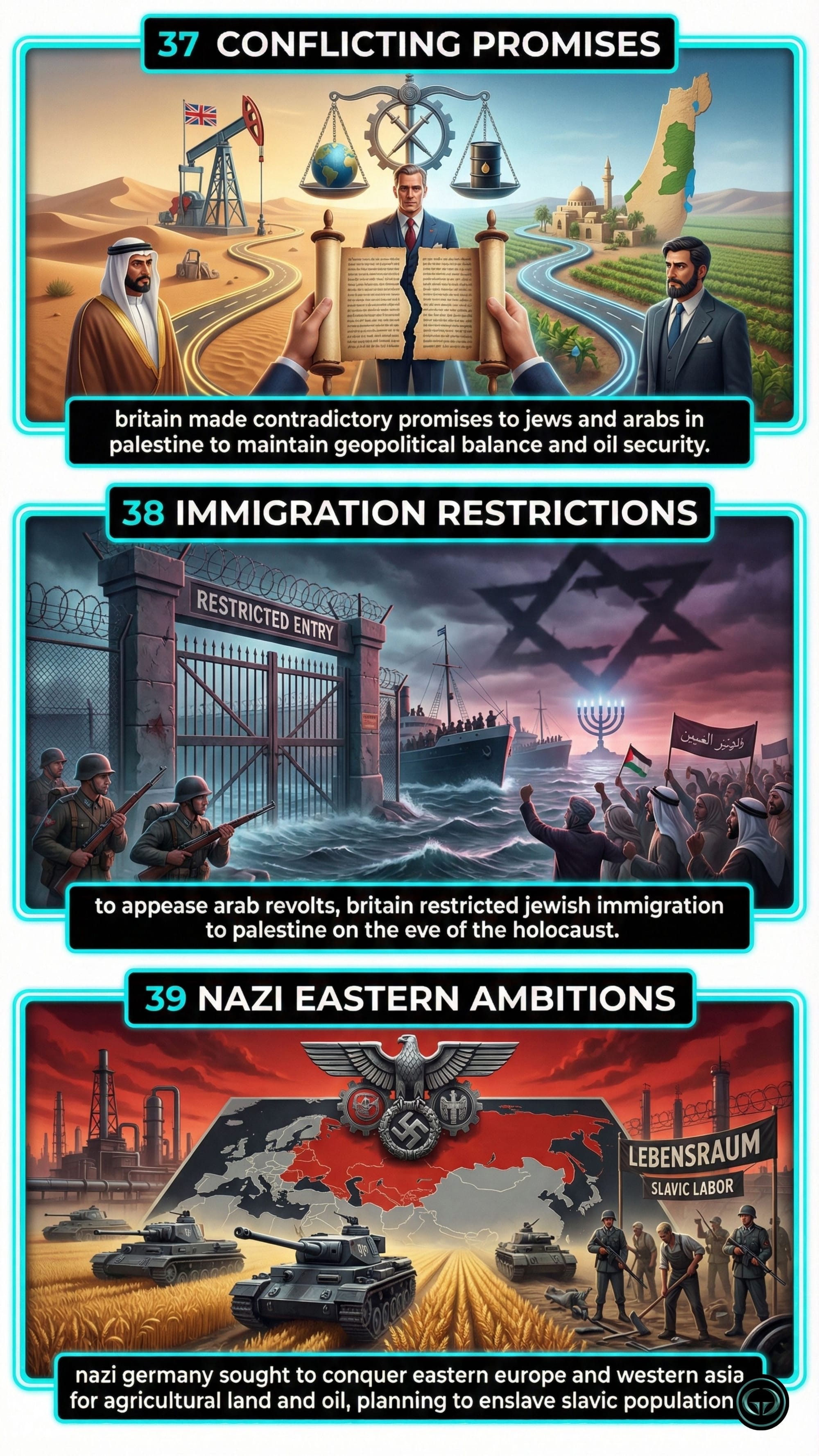 Infographic of Peter Frankopan's The Silk Roads. Panel 37: Illustration of British conflicting promises to Jews and Arabs regarding Palestine and oil security. Panel 38: Depiction of British immigration restrictions on Jewish people to Palestine during the 1930s. Panel 39: Nazi Germany's "Lebensraum" ambitions for eastern expansion and Slavic labor exploitation.