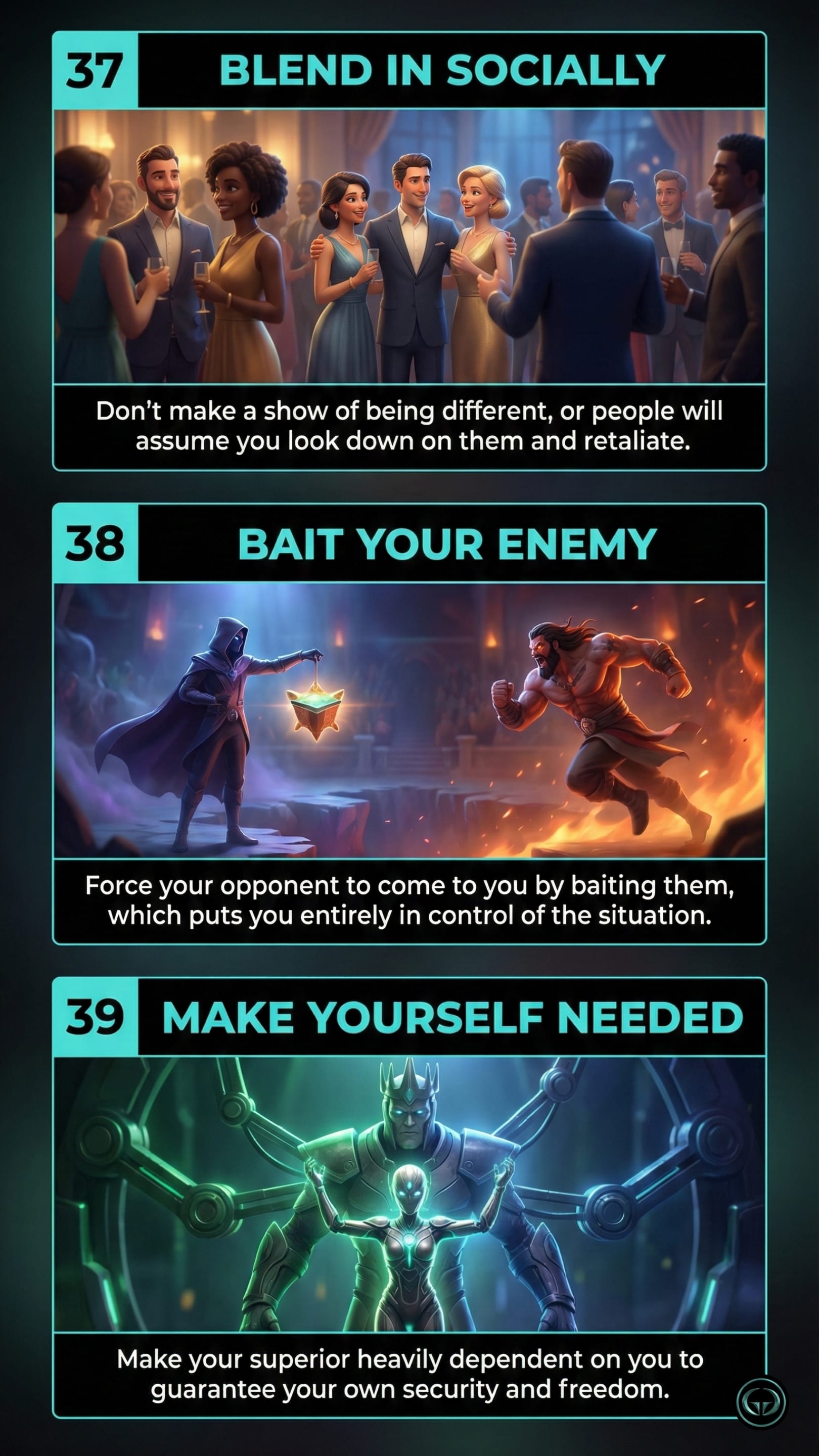 Graphic for Robert Greene's 48 Laws of Power showing Laws 37 to 39. Panel one, 'Blend In Socially', shows people mingling happily at a formal social event. Panel two, 'Bait Your Enemy', features a hooded figure using a glowing artifact to lure a charging warrior. Panel three, 'Make Yourself Needed', depicts a person at the center of a giant robotic protector.