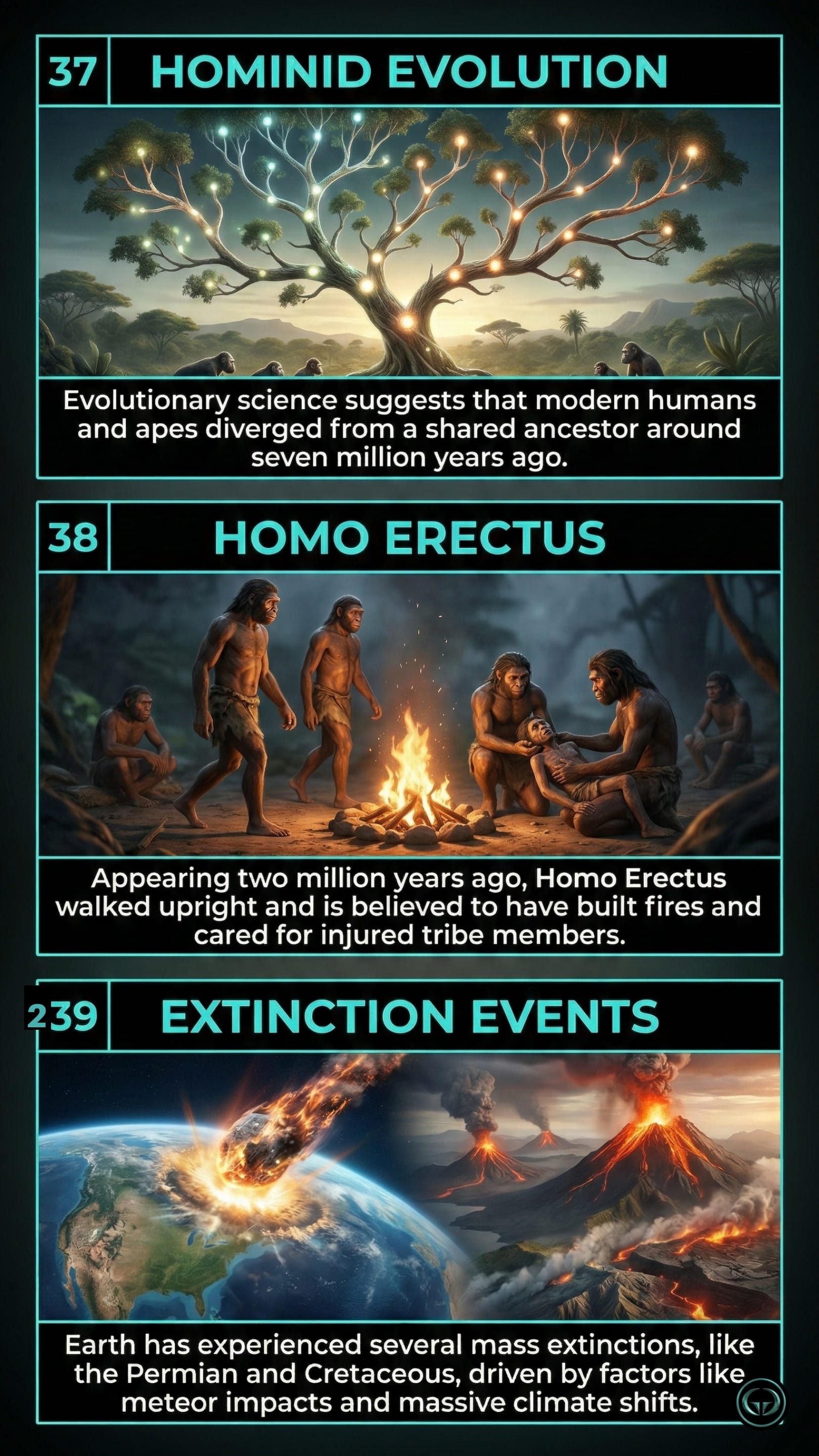 Infographic illustrating three A Short History of Nearly Everything insights by Bill Bryson: Top panel shows the evolutionary tree of hominid evolution; Middle panel depicts Homo erectus utilizing fire; Bottom panel visualizes catastrophic mass extinction events.
