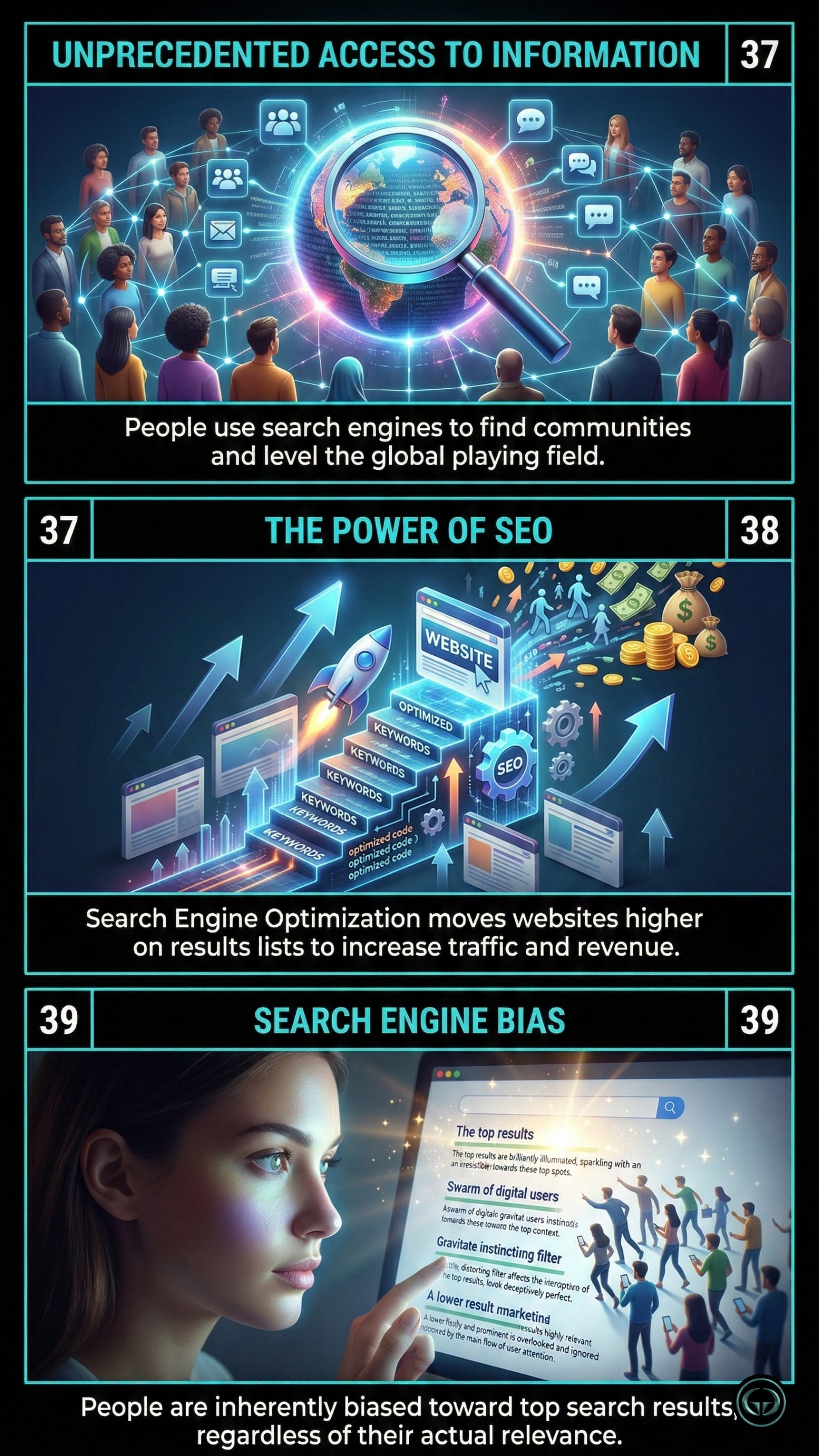 Infographic illustrating three The World Is Flat insights by Thomas L Friedman: Top panel shows search engines providing unprecedented access to information; Middle panel depicts the economic power of SEO; Bottom panel visualizes inherent human search engine bias.