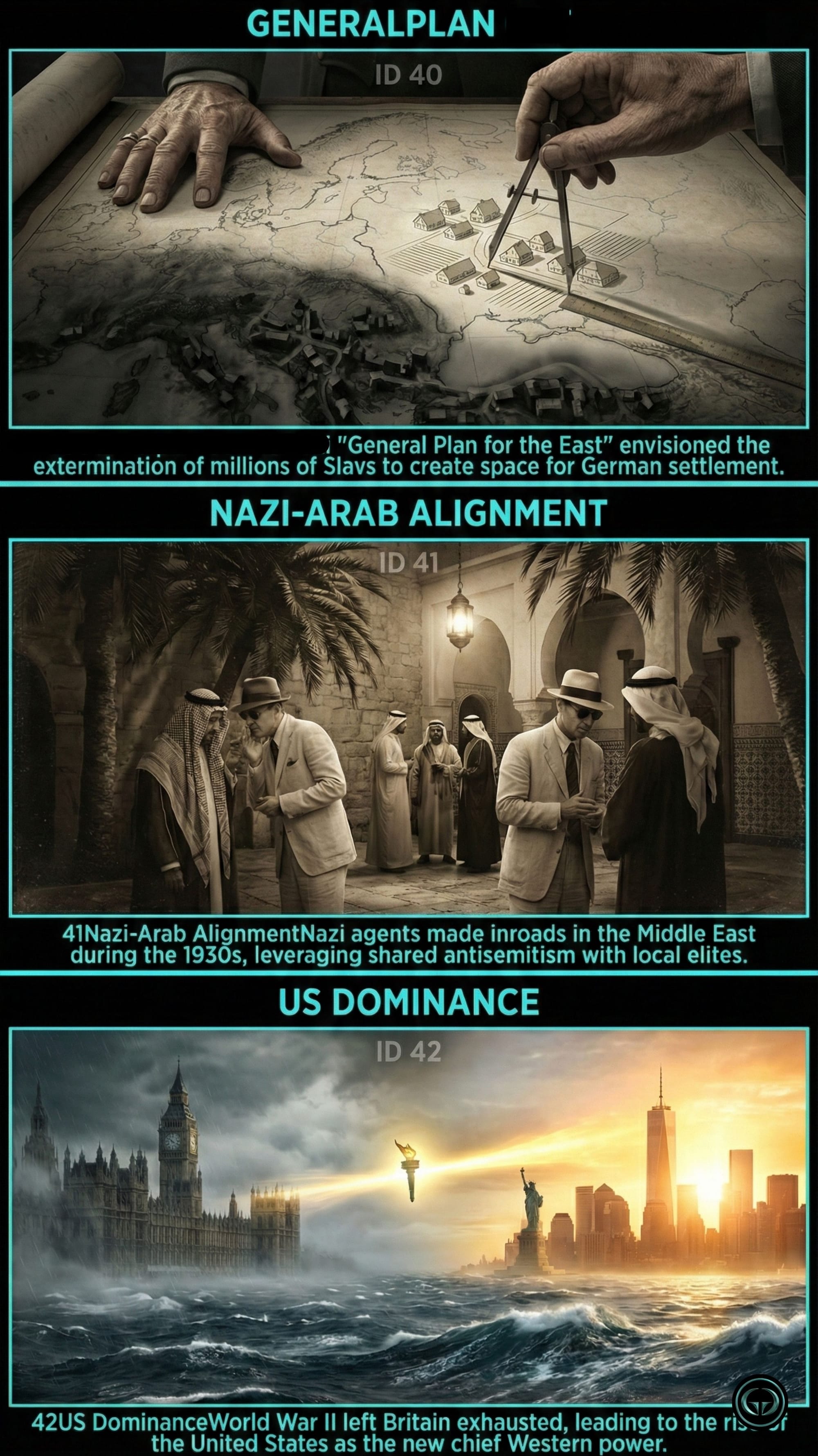 The Silk Roads book insights by Peter Frankopan. Panel 40: "General Plan for the East" showing Nazi architectural plans for Slavic extermination. Panel 41: Nazi-Arab alignment in the 1930s based on shared geopolitical interests. Panel 42: Visualizing the rise of US dominance as Britain's global influence exhausted after World War II.
