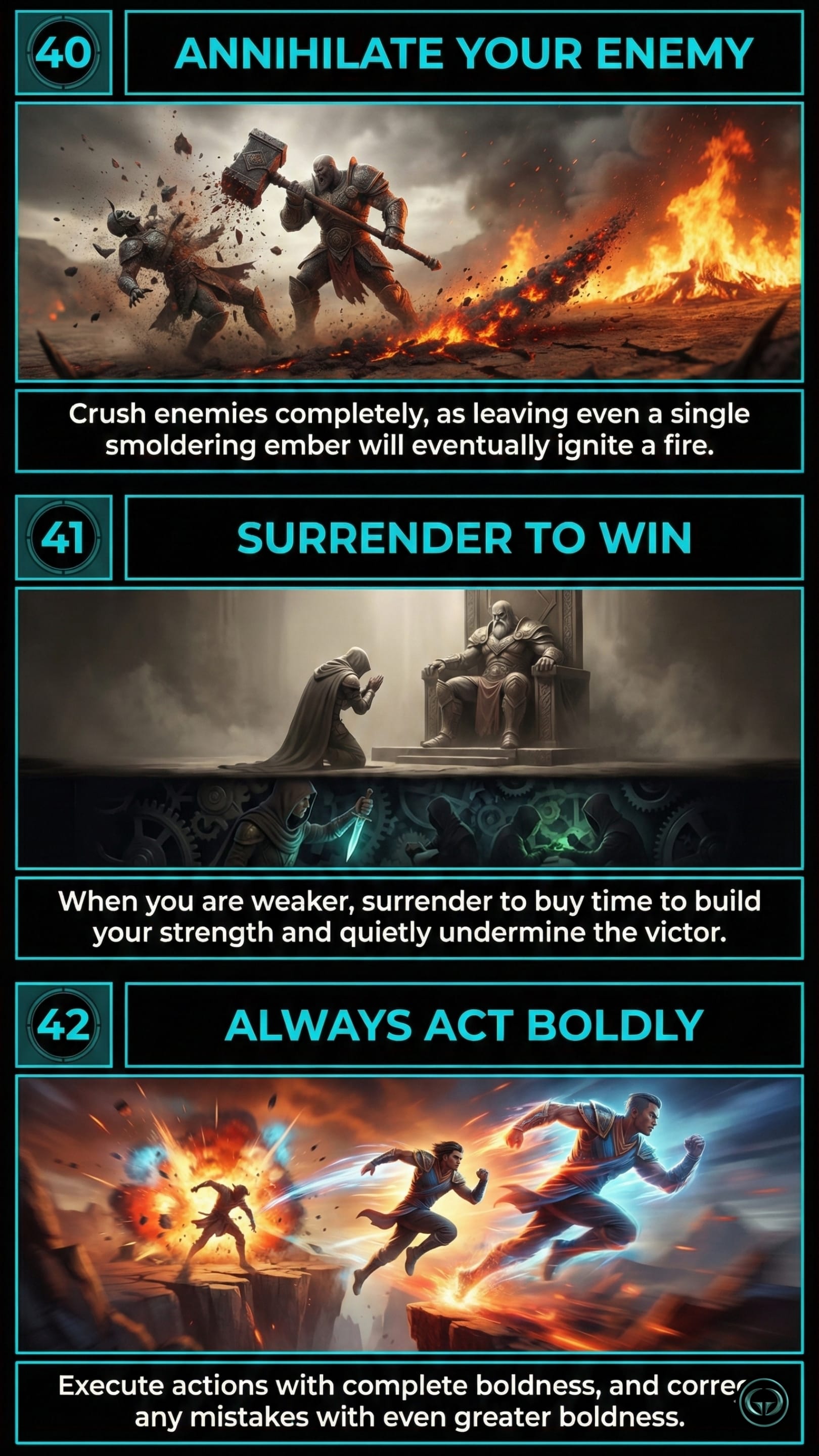 Graphic for Robert Greene's 48 Laws of Power showing Laws 40 to 42. Panel one, 'Annihilate Your Enemy', shows a warrior crushing an opponent with a giant hammer in a fiery landscape. Panel two, 'Surrender To Win', features a man bowing to a king while secretly hiding a dagger behind his back. Panel three, 'Always Act Boldly', depicts two figures sprinting boldly across a dangerous, fiery chasm.